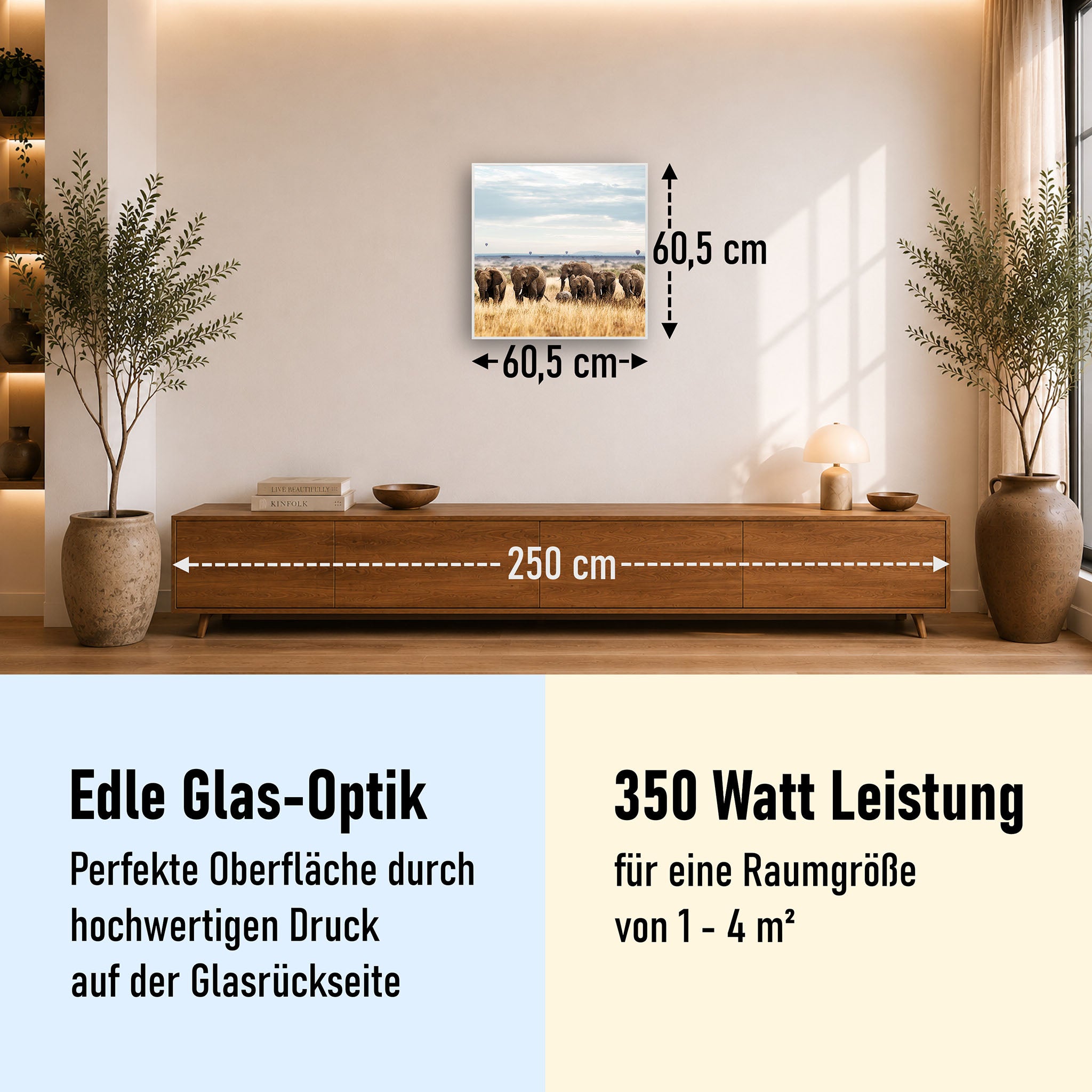 Glas Infrarotheizung 350-1200W Motiv 002 Elefanten