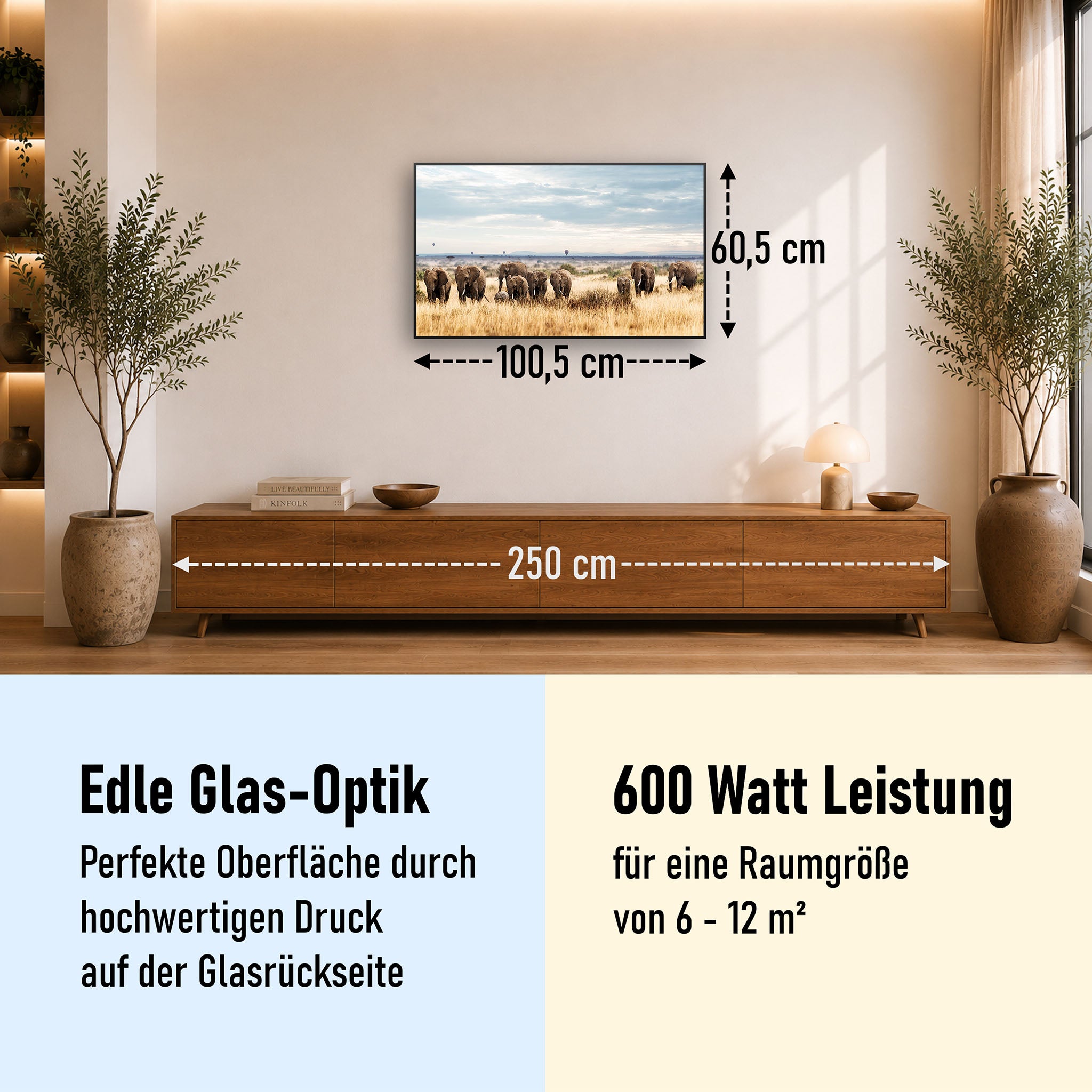 Glas Infrarotheizung 350-1200W Motiv 002 Elefanten