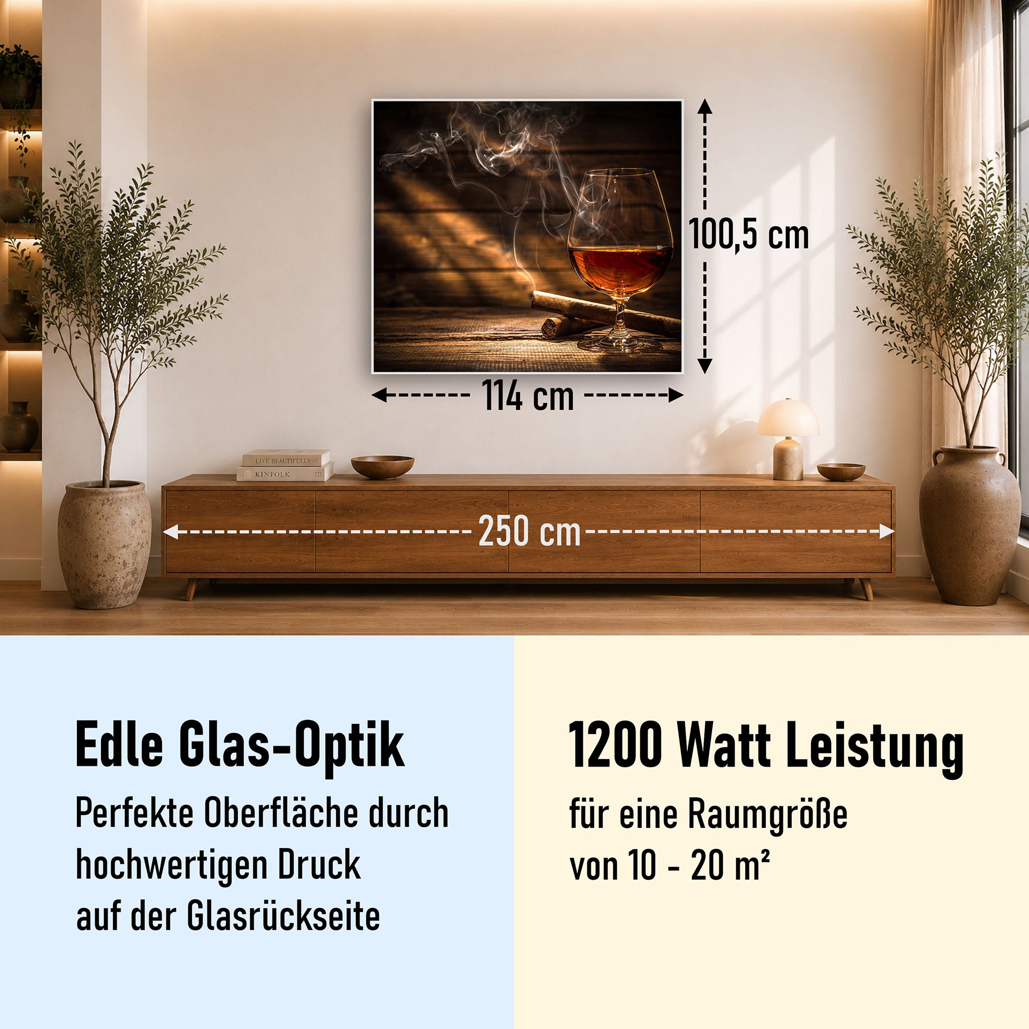 Glas Infrarotheizung 350-1200W Motiv 004 Whisky mit Zigarre