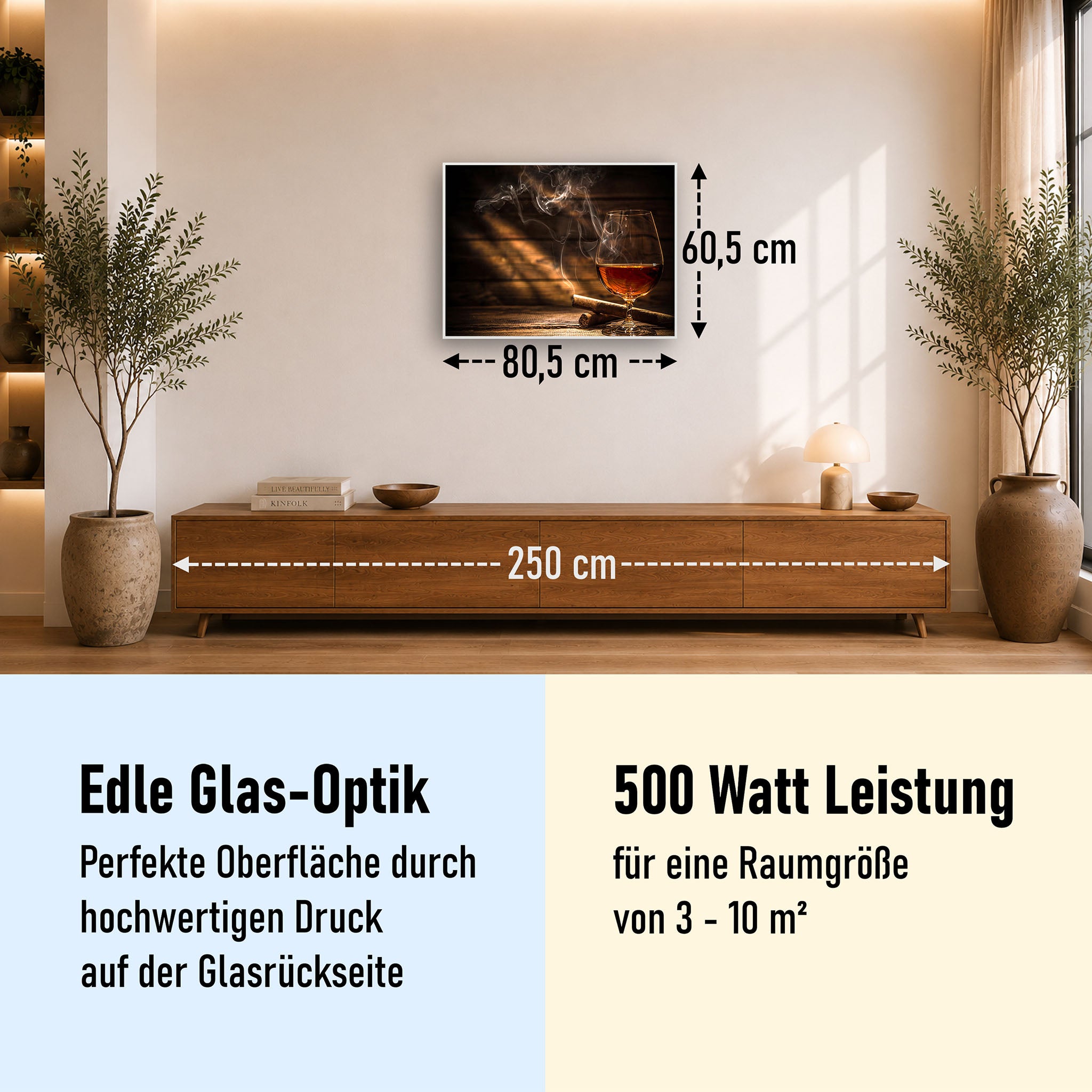 Glas Infrarotheizung 350-1200W Motiv 004 Whisky mit Zigarre