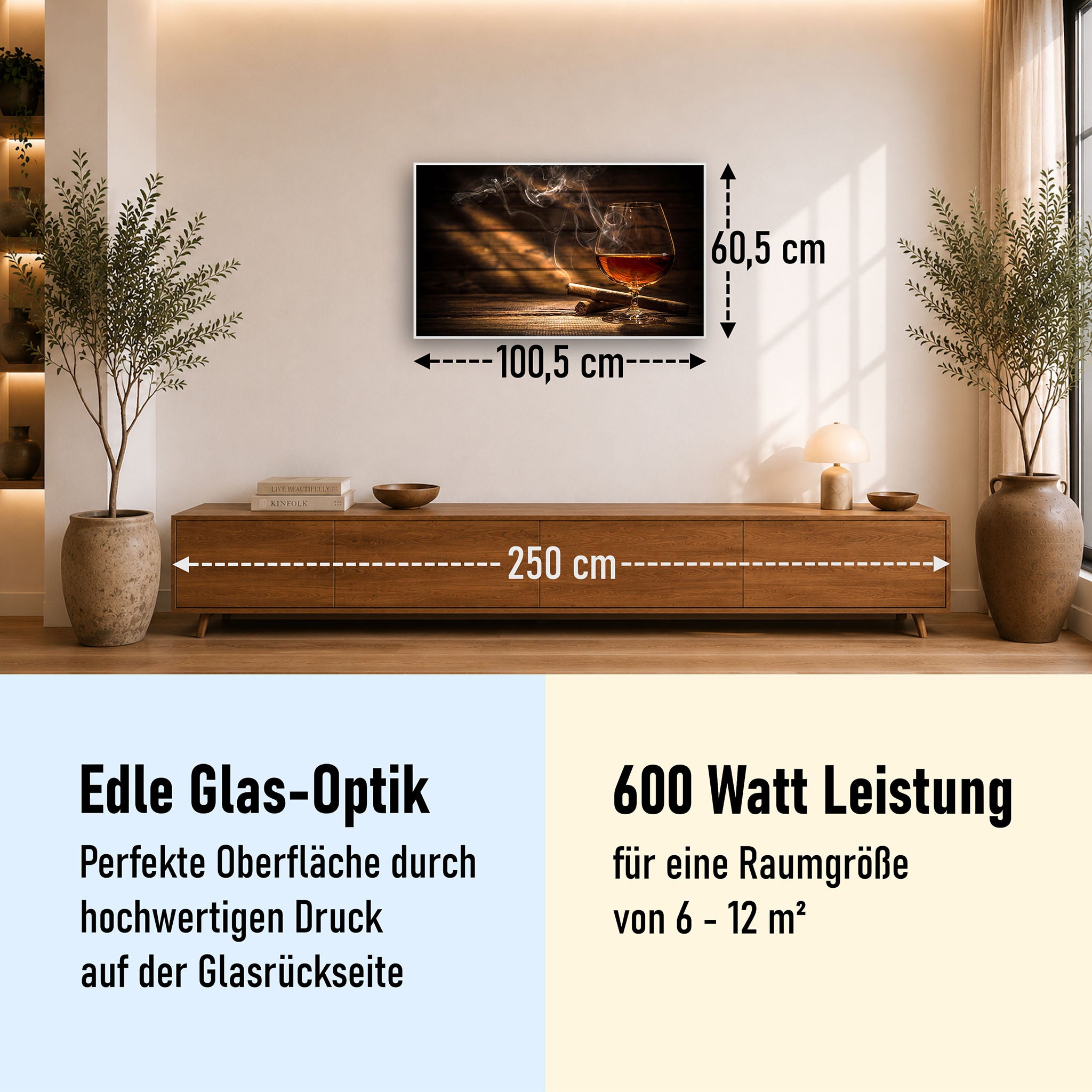 Glas Infrarotheizung 350-1200W Motiv 004 Whisky mit Zigarre