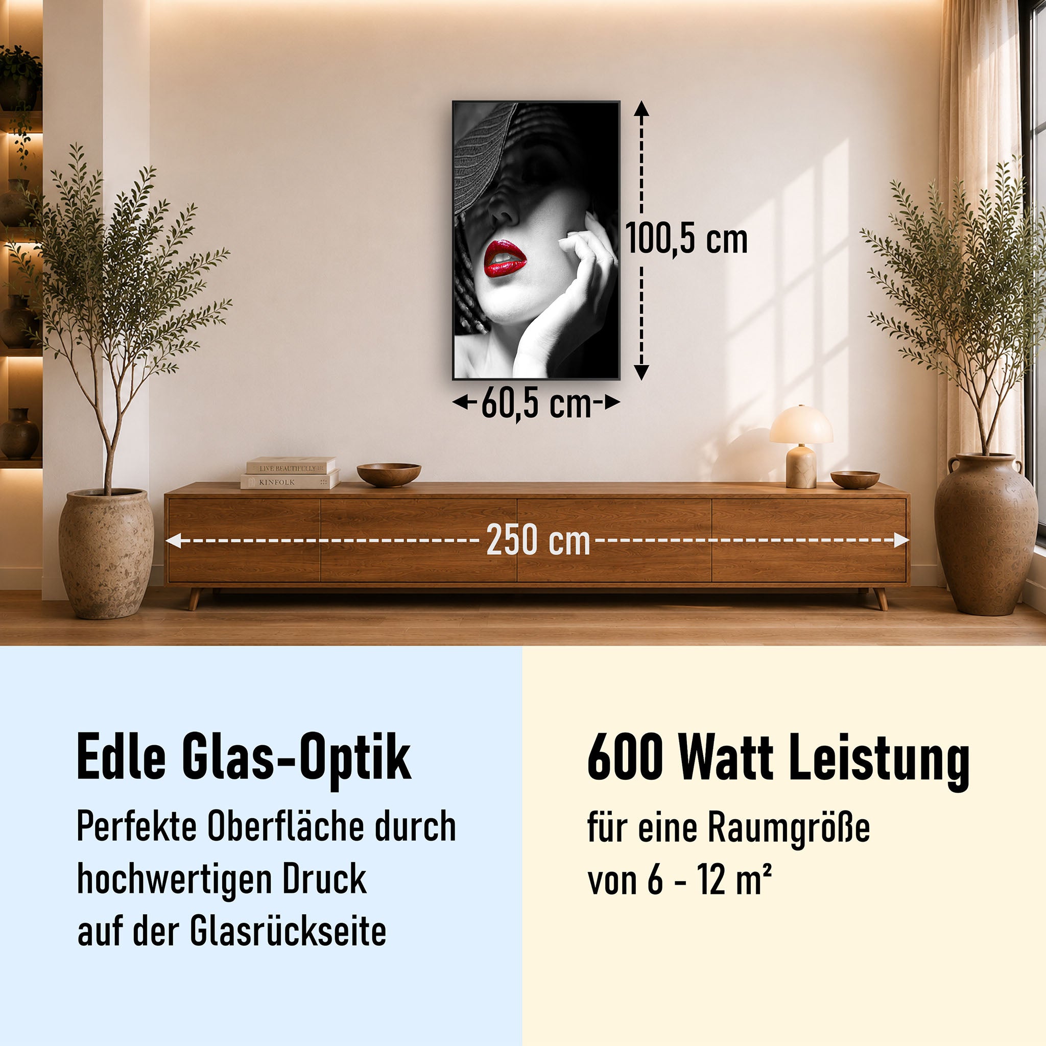 Glas Infrarotheizung 350-1200W Motiv 005H geheimnisvolle Frau