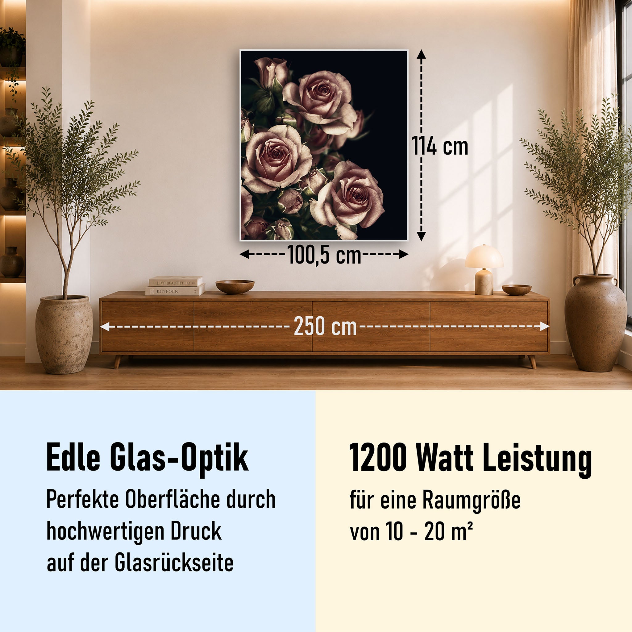 Glas Infrarotheizung 350-1200W Motiv 007H Rosen