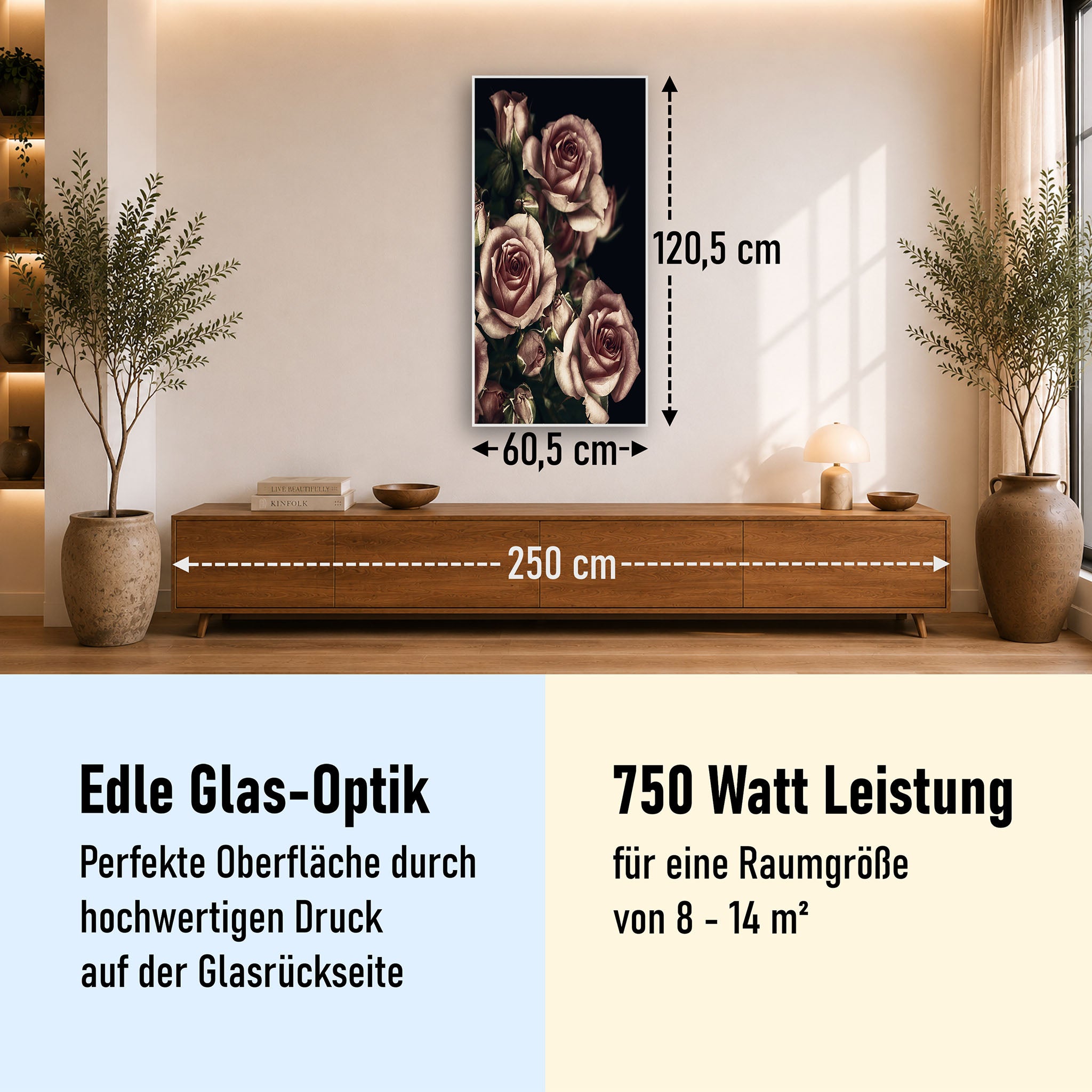 Glas Infrarotheizung 350-1200W Motiv 007H Rosen