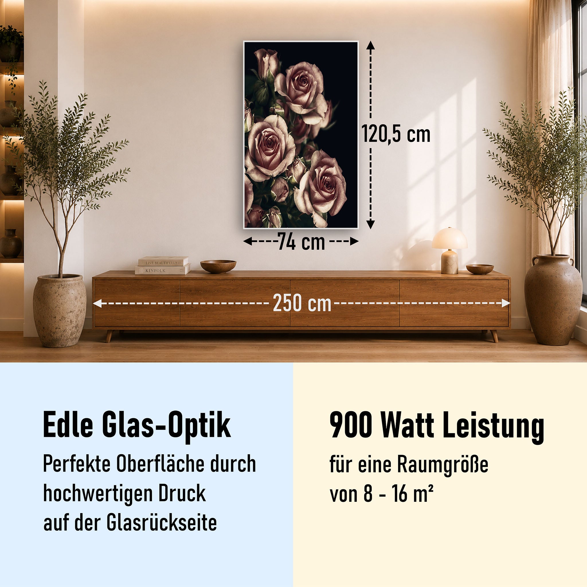 Glas Infrarotheizung 350-1200W Motiv 007H Rosen