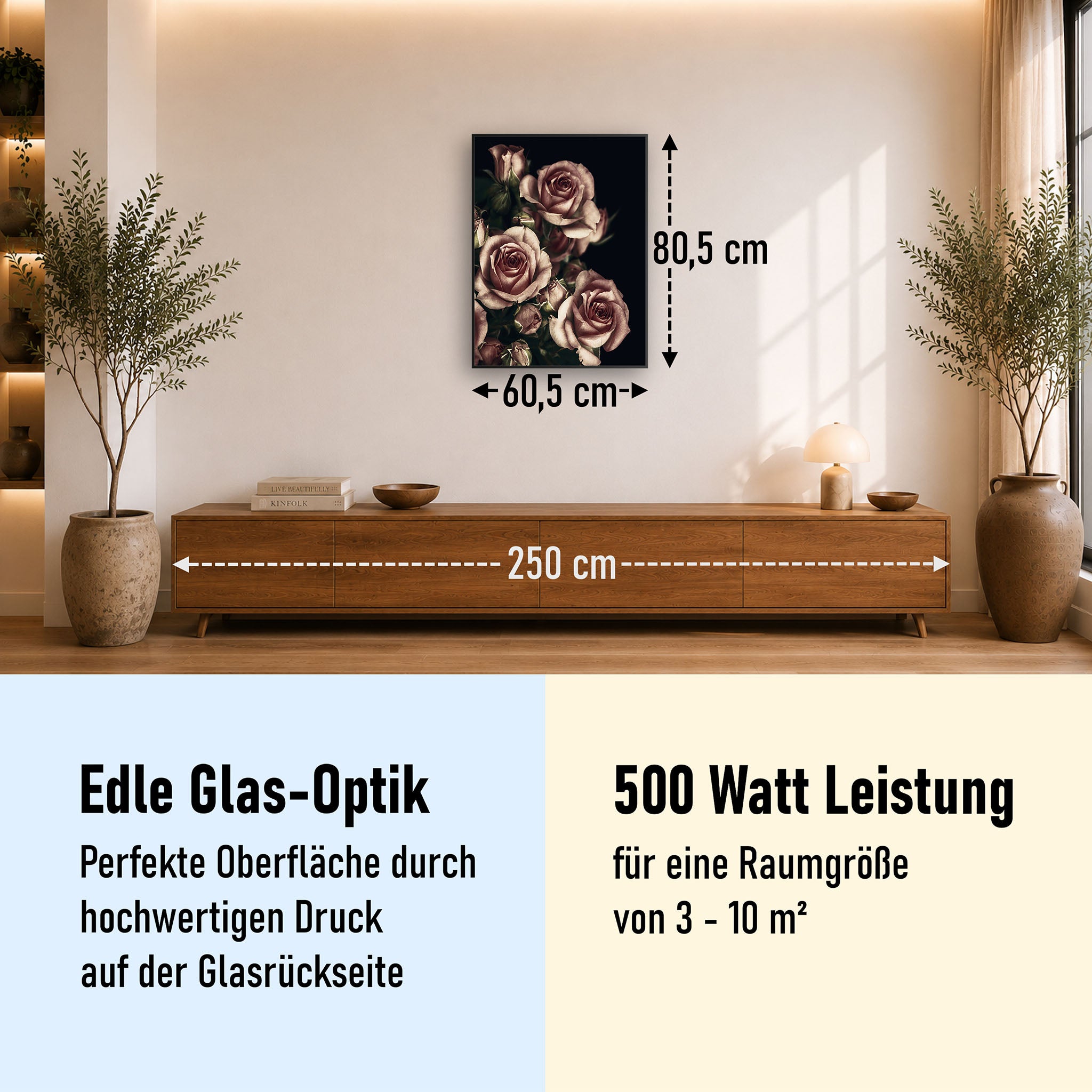 Glas Infrarotheizung 350-1200W Motiv 007H Rosen