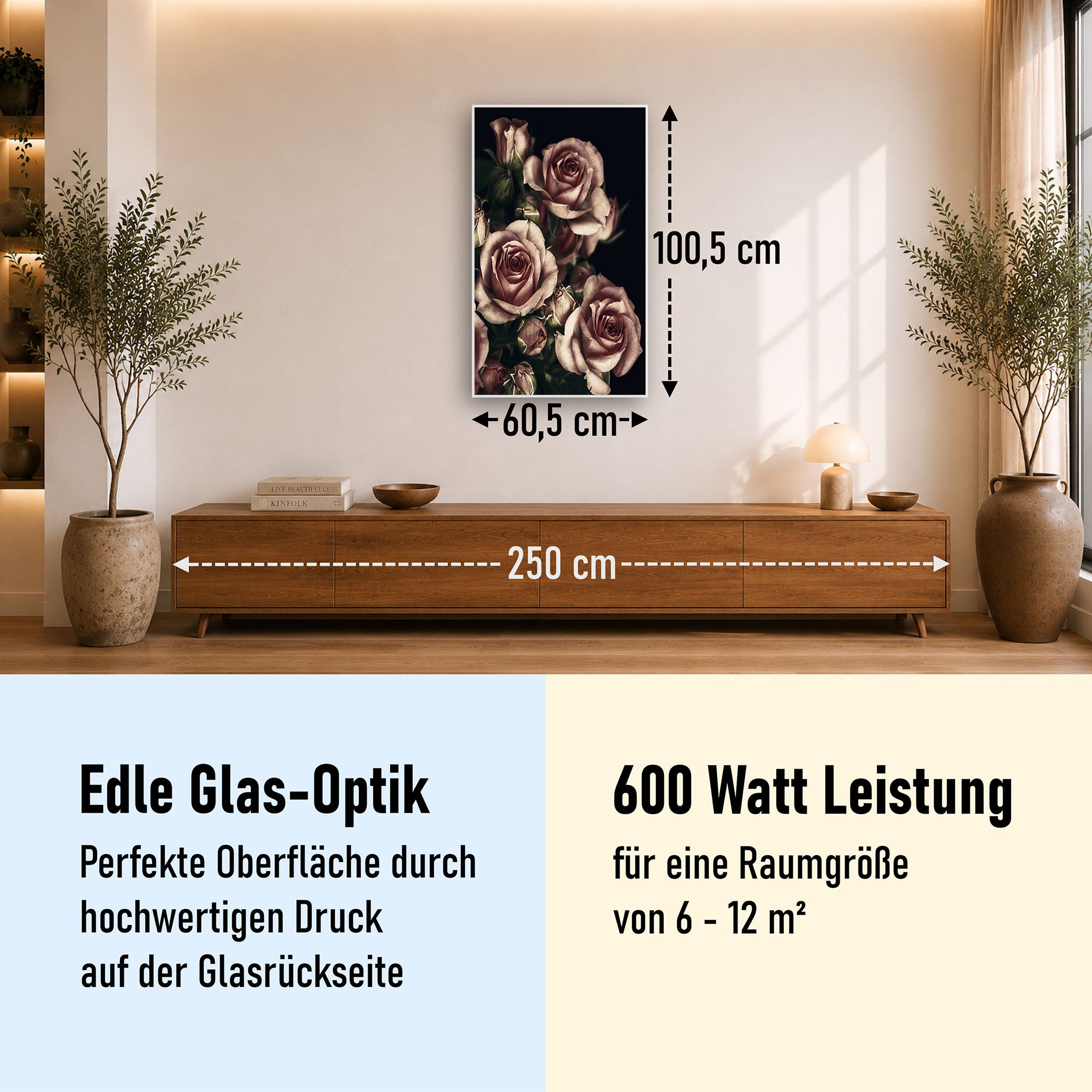 Glas Infrarotheizung 350-1200W Motiv 007H Rosen