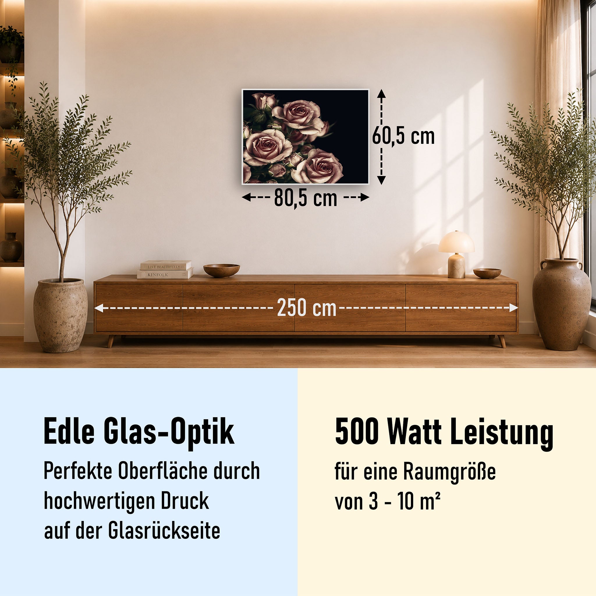 Glas Infrarotheizung 350-1200W Motiv 007 Rosen