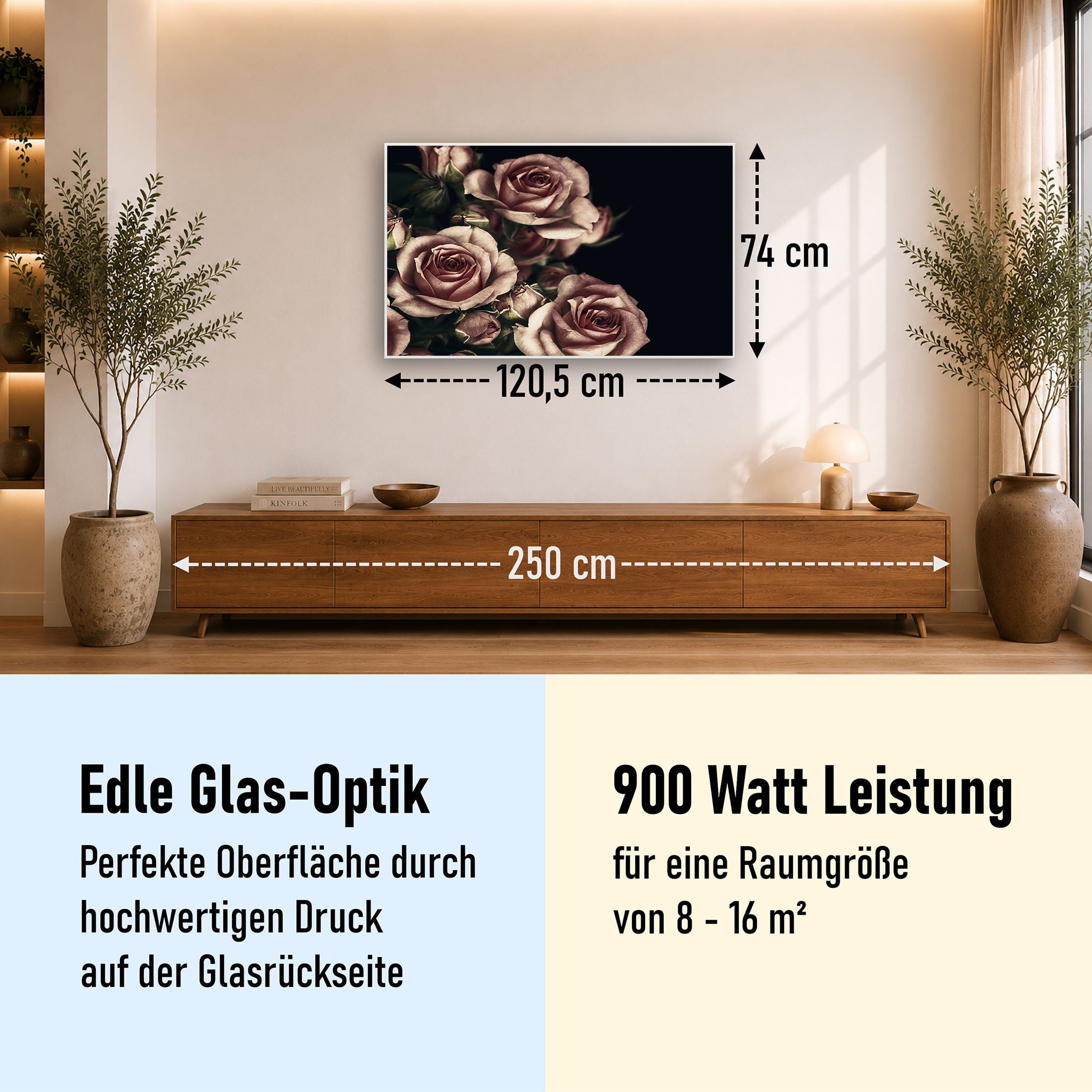 Glas Infrarotheizung 350-1200W Motiv 007 Rosen