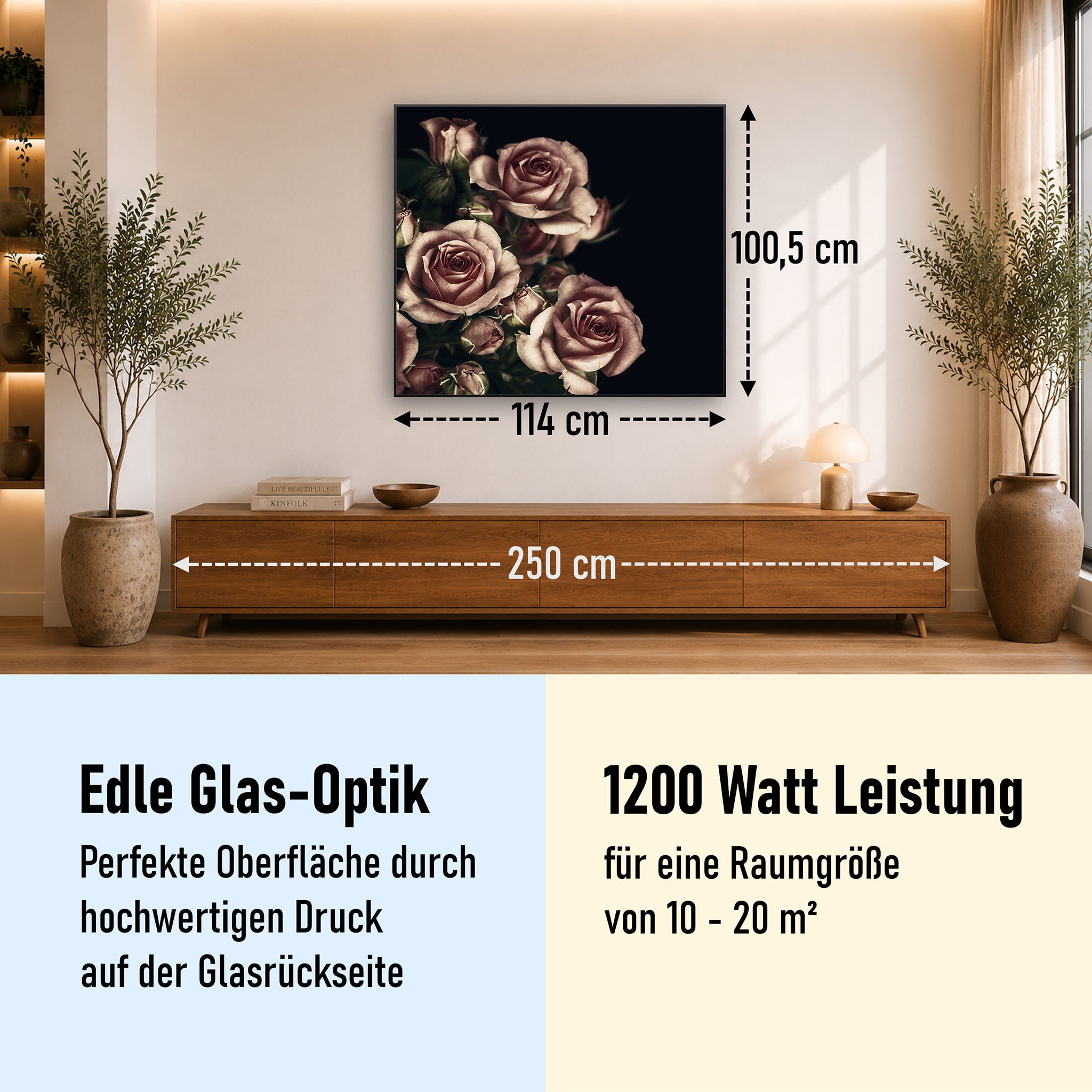 Glas Infrarotheizung 350-1200W Motiv 007 Rosen