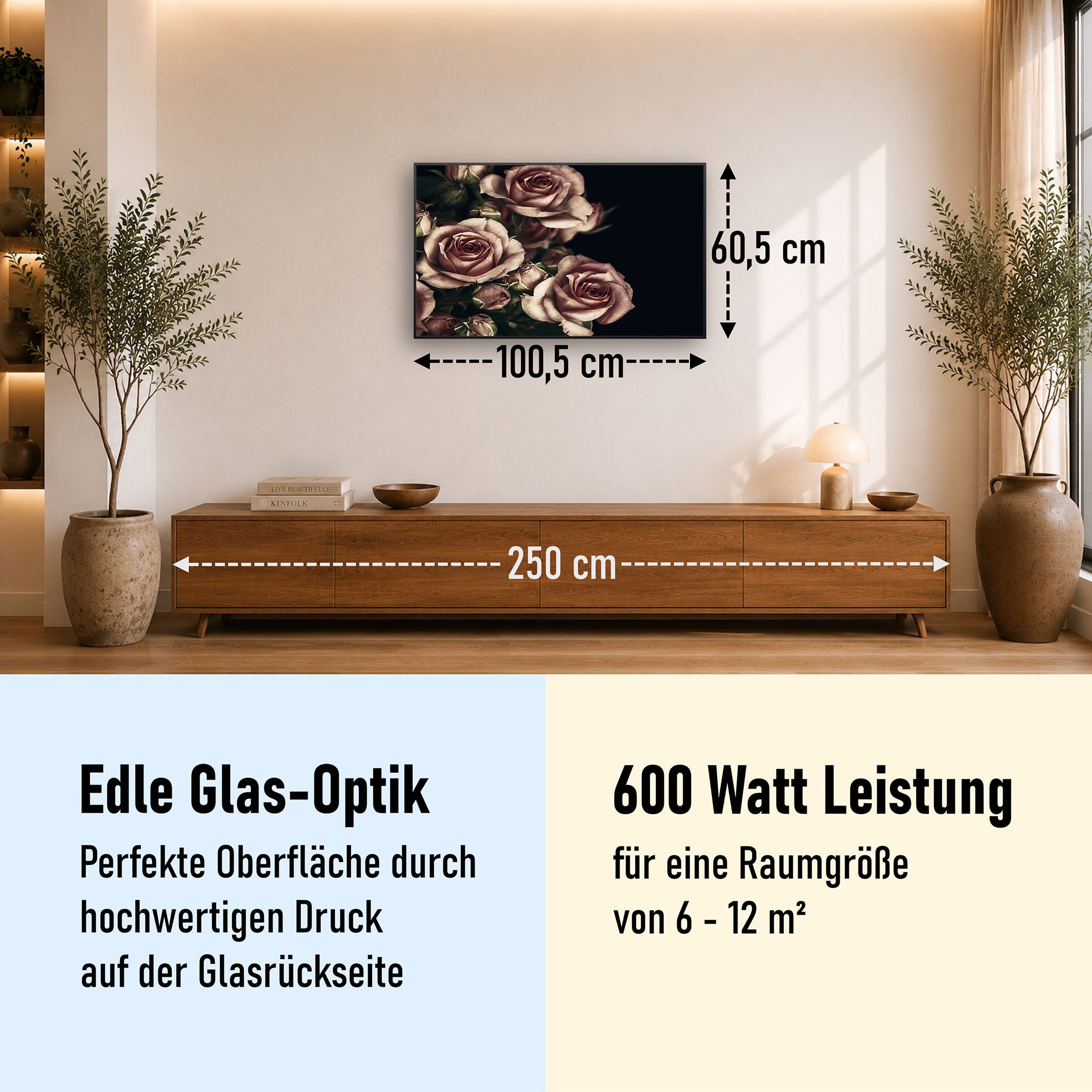 Glas Infrarotheizung 350-1200W Motiv 007 Rosen