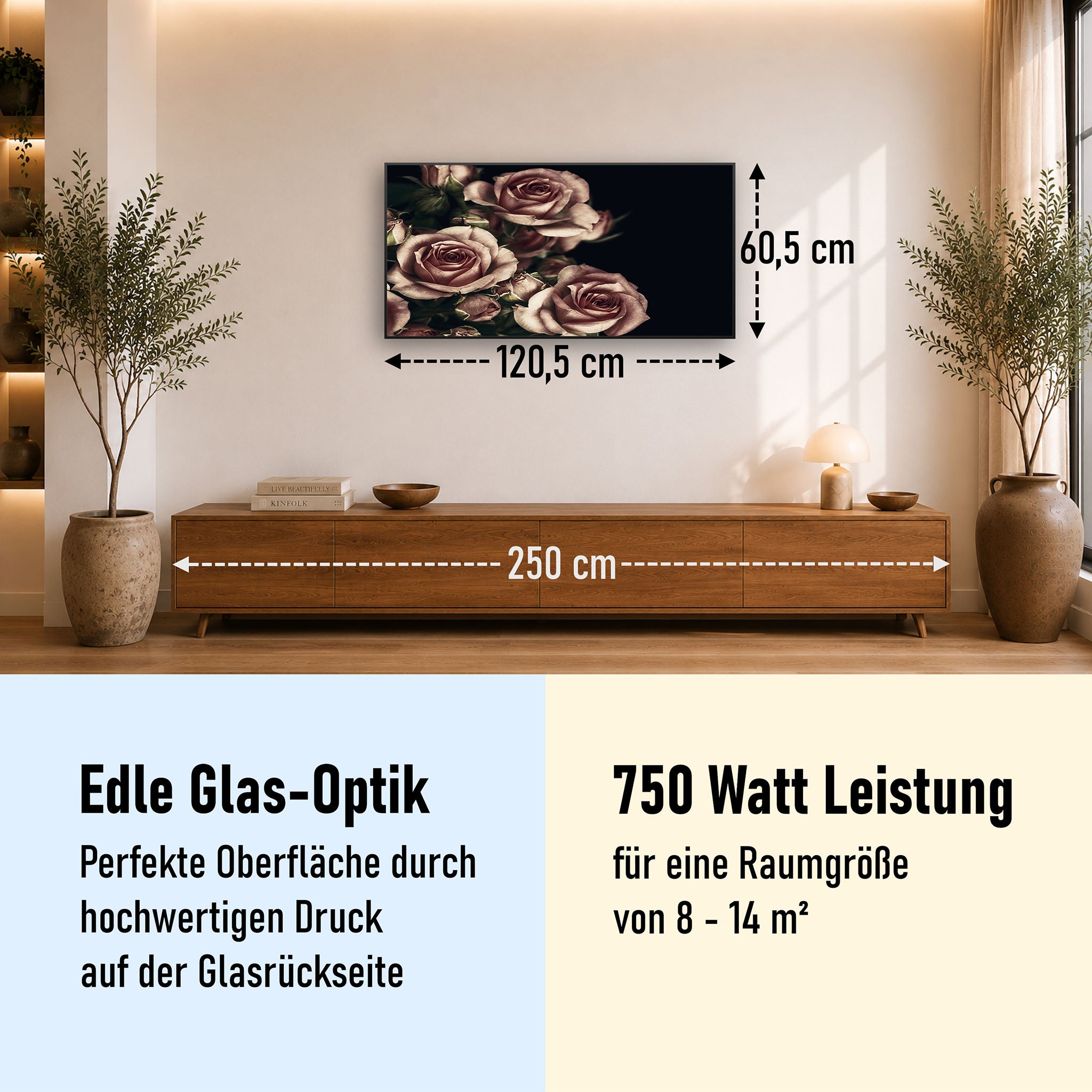 Glas Infrarotheizung 350-1200W Motiv 007 Rosen