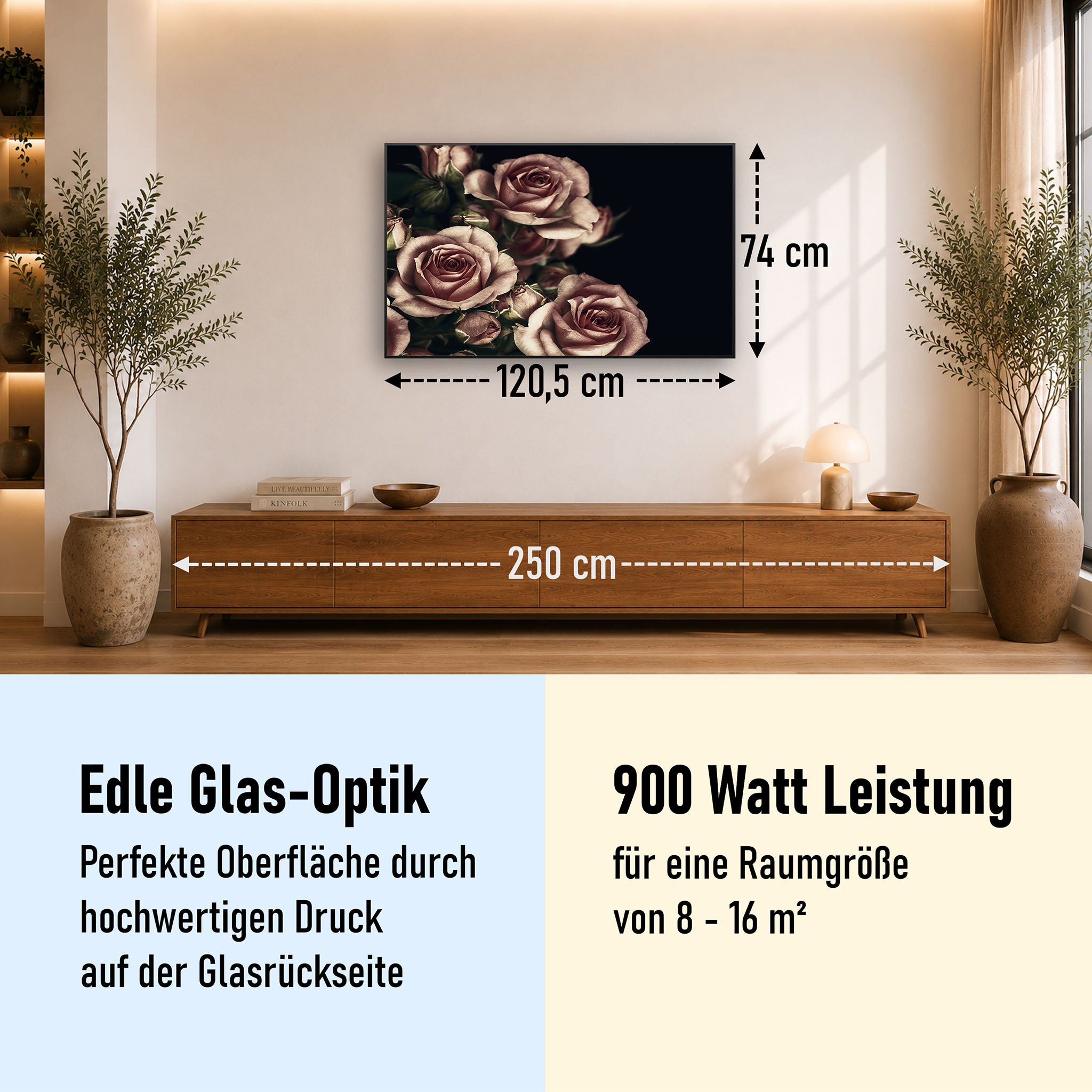 Glas Infrarotheizung 350-1200W Motiv 007 Rosen
