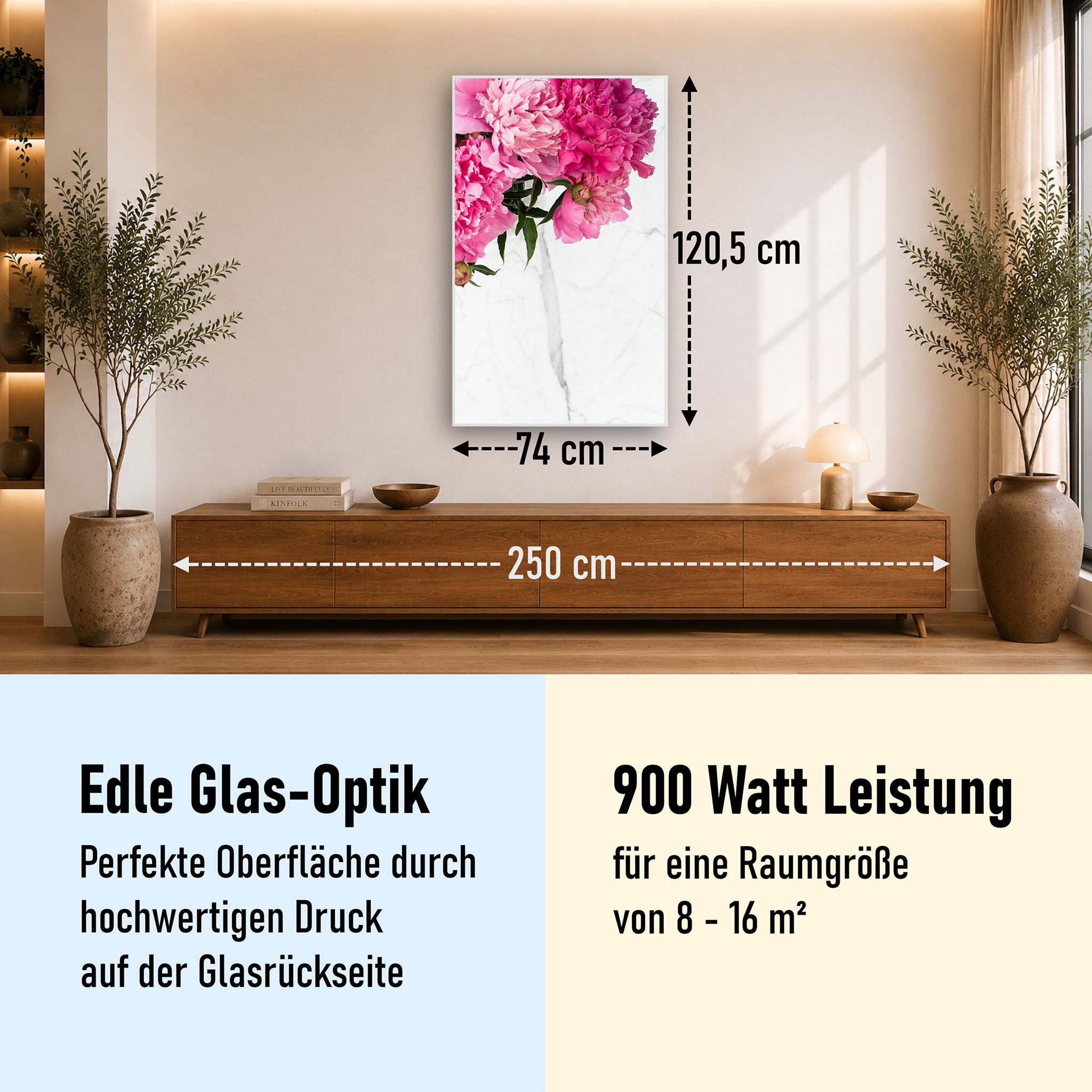 Glas Infrarotheizung 350-1200W Motiv 013H Pfingstrosen