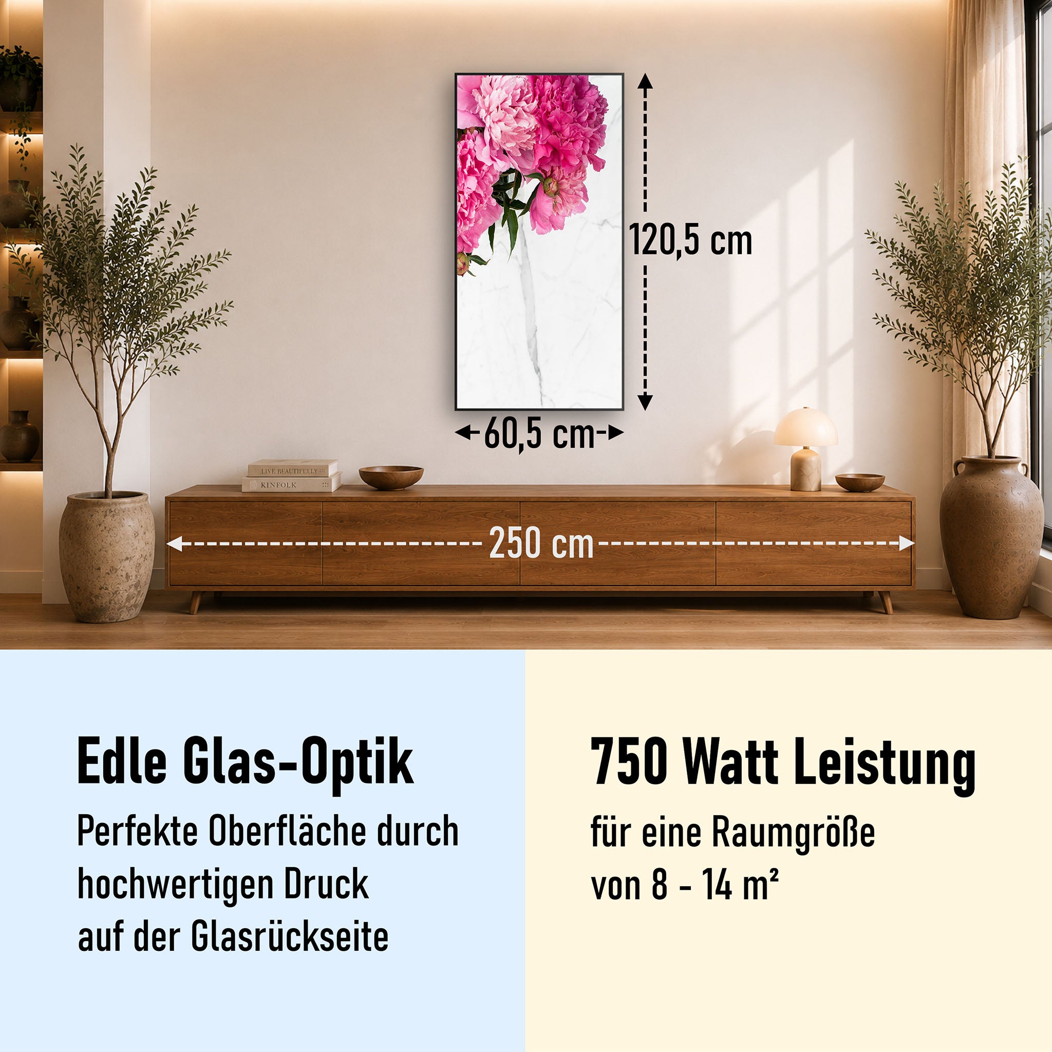 Glas Infrarotheizung 350-1200W Motiv 013H Pfingstrosen