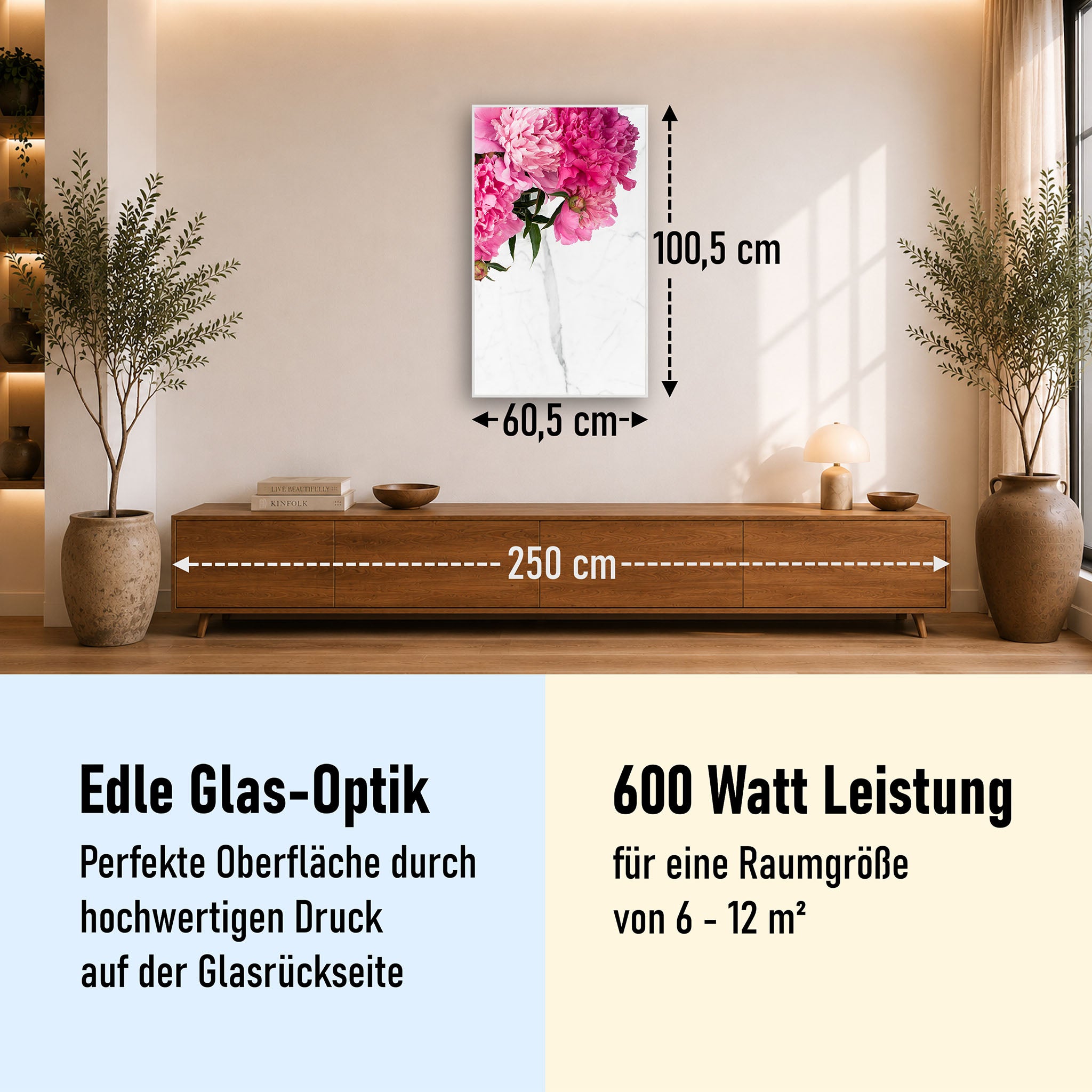 Glas Infrarotheizung 350-1200W Motiv 013H Pfingstrosen