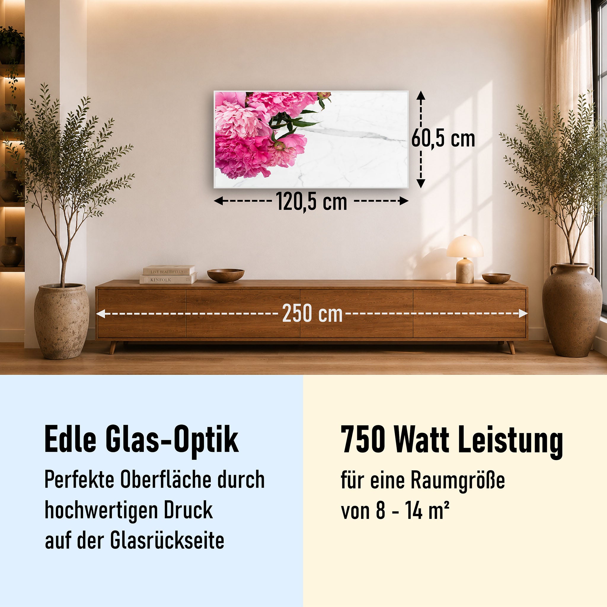 Glas Infrarotheizung 350-1200W Motiv 013 Pfingstrose