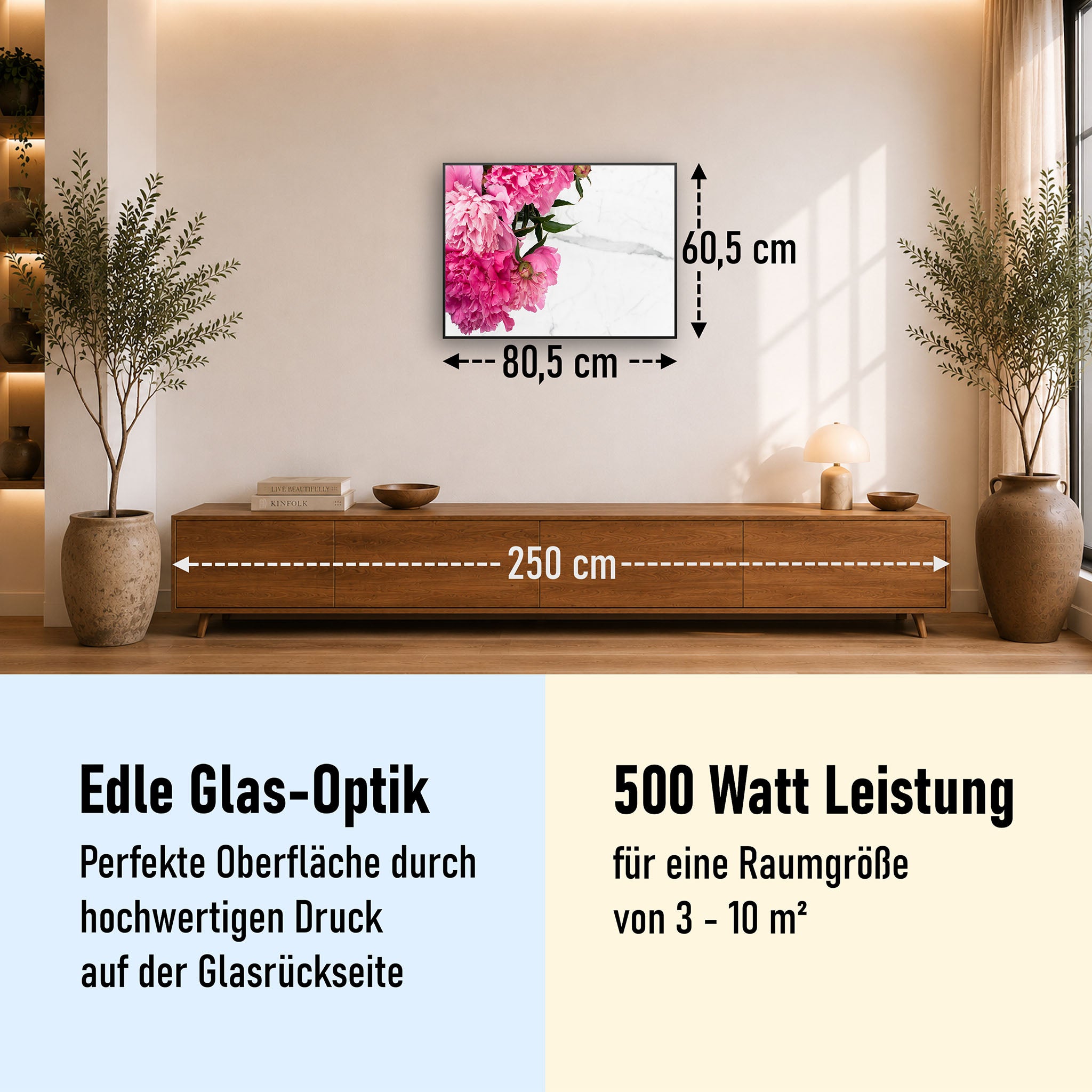 Glas Infrarotheizung 350-1200W Motiv 013 Pfingstrose