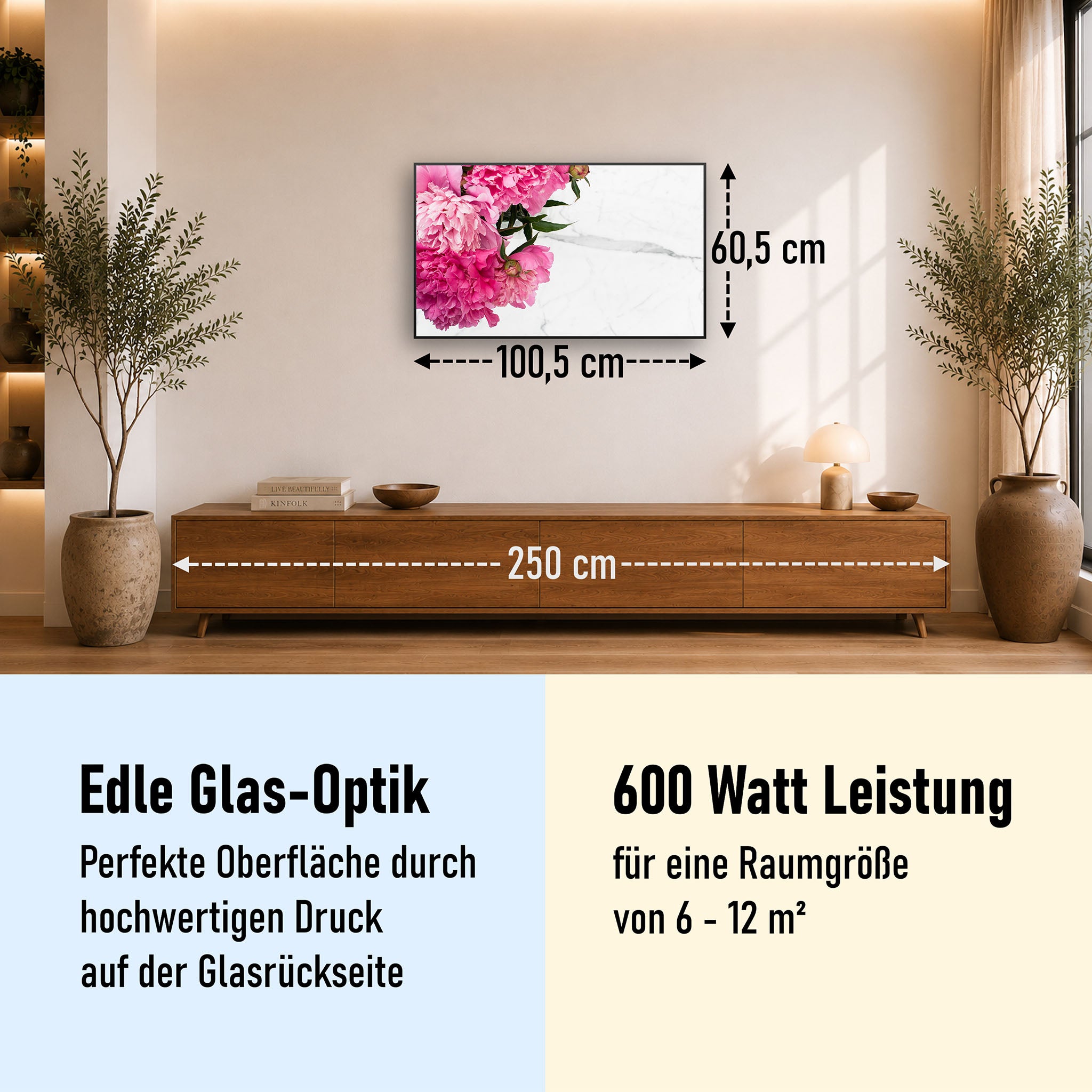 Glas Infrarotheizung 350-1200W Motiv 013 Pfingstrose