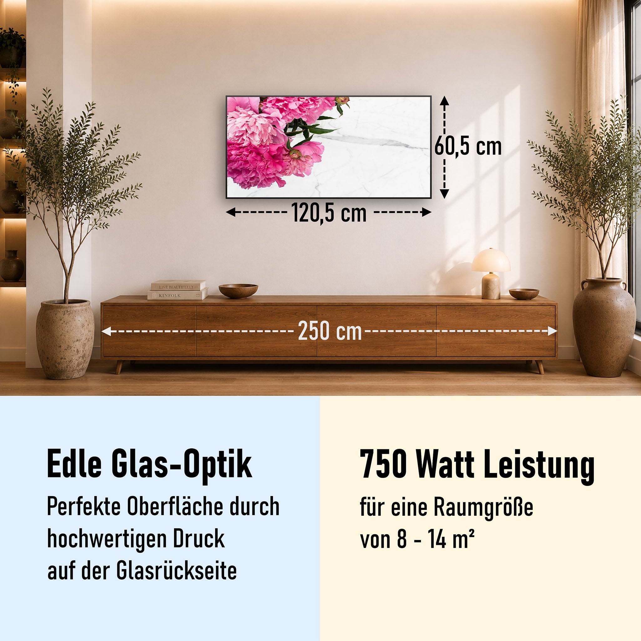 Glas Infrarotheizung 350-1200W Motiv 013 Pfingstrose