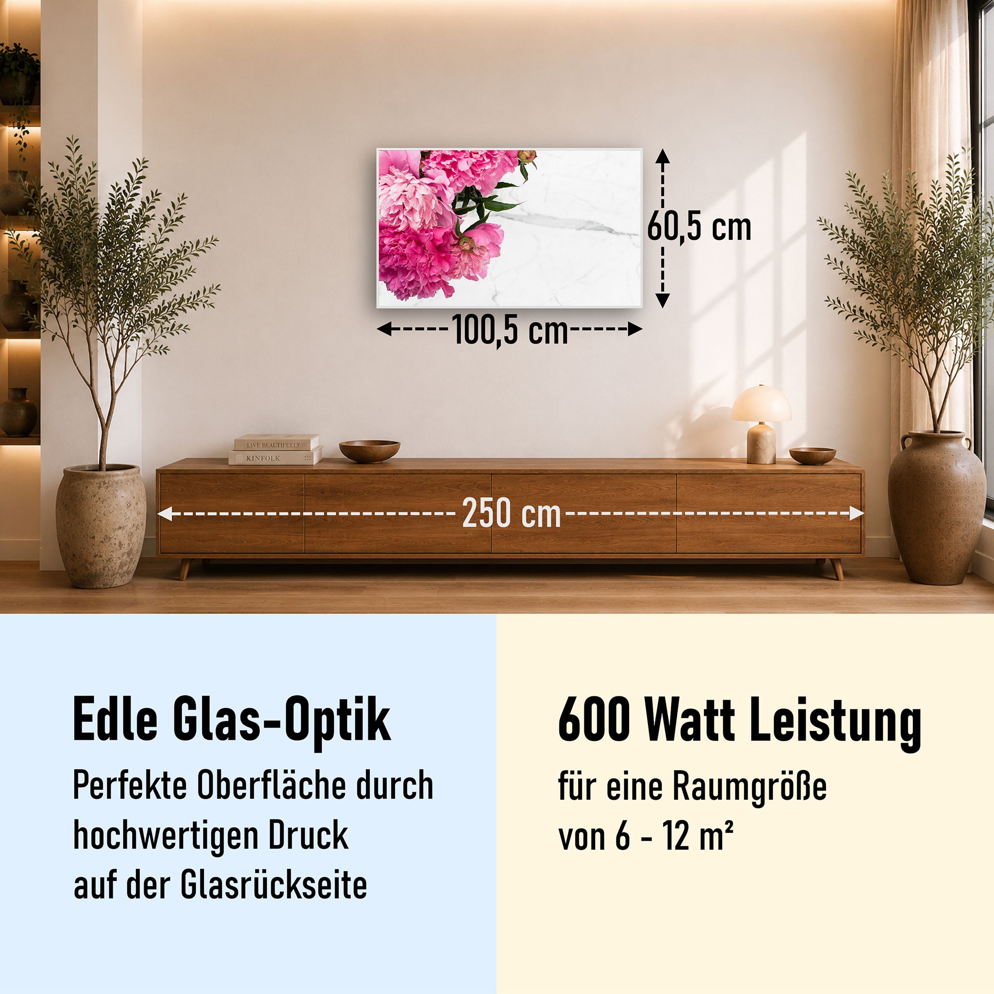 Glas Infrarotheizung 350-1200W Motiv 013 Pfingstrose