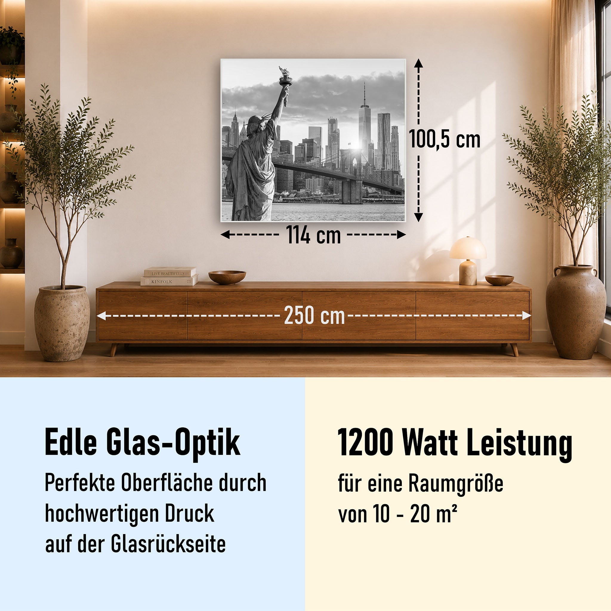 Glas Infrarotheizung 350-1200W Motiv 014 New York Freiheitsstatue