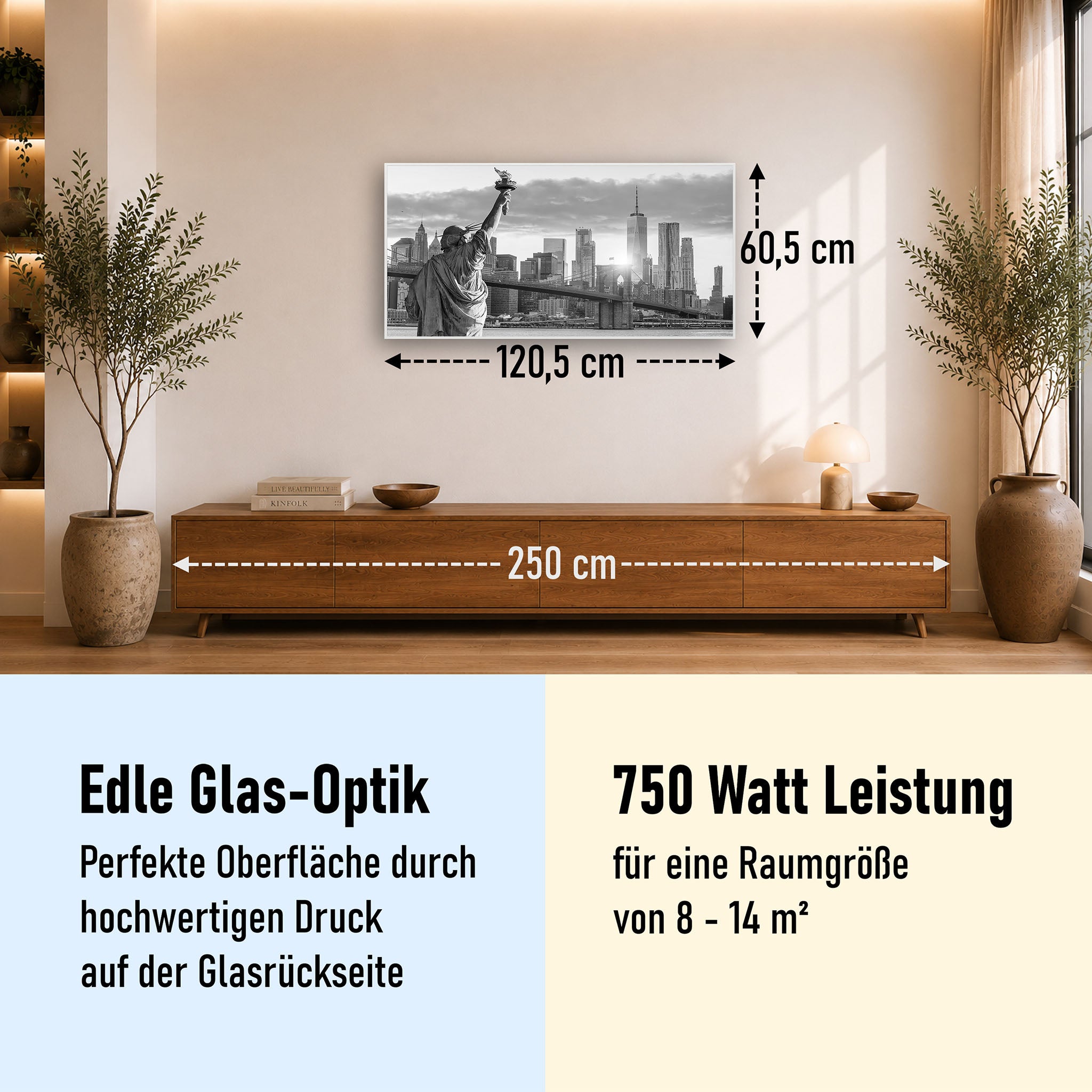 Glas Infrarotheizung 350-1200W Motiv 014 New York Freiheitsstatue