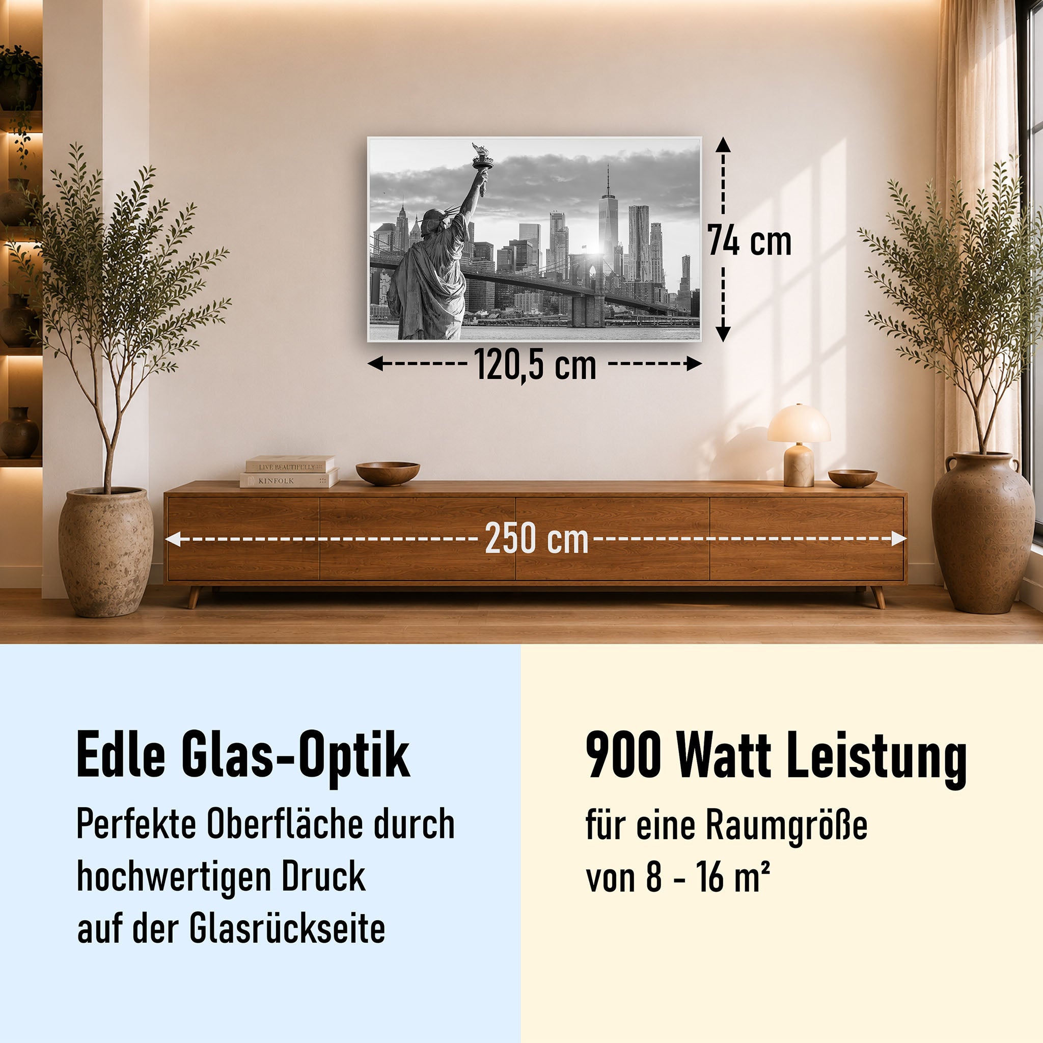 Glas Infrarotheizung 350-1200W Motiv 014 New York Freiheitsstatue