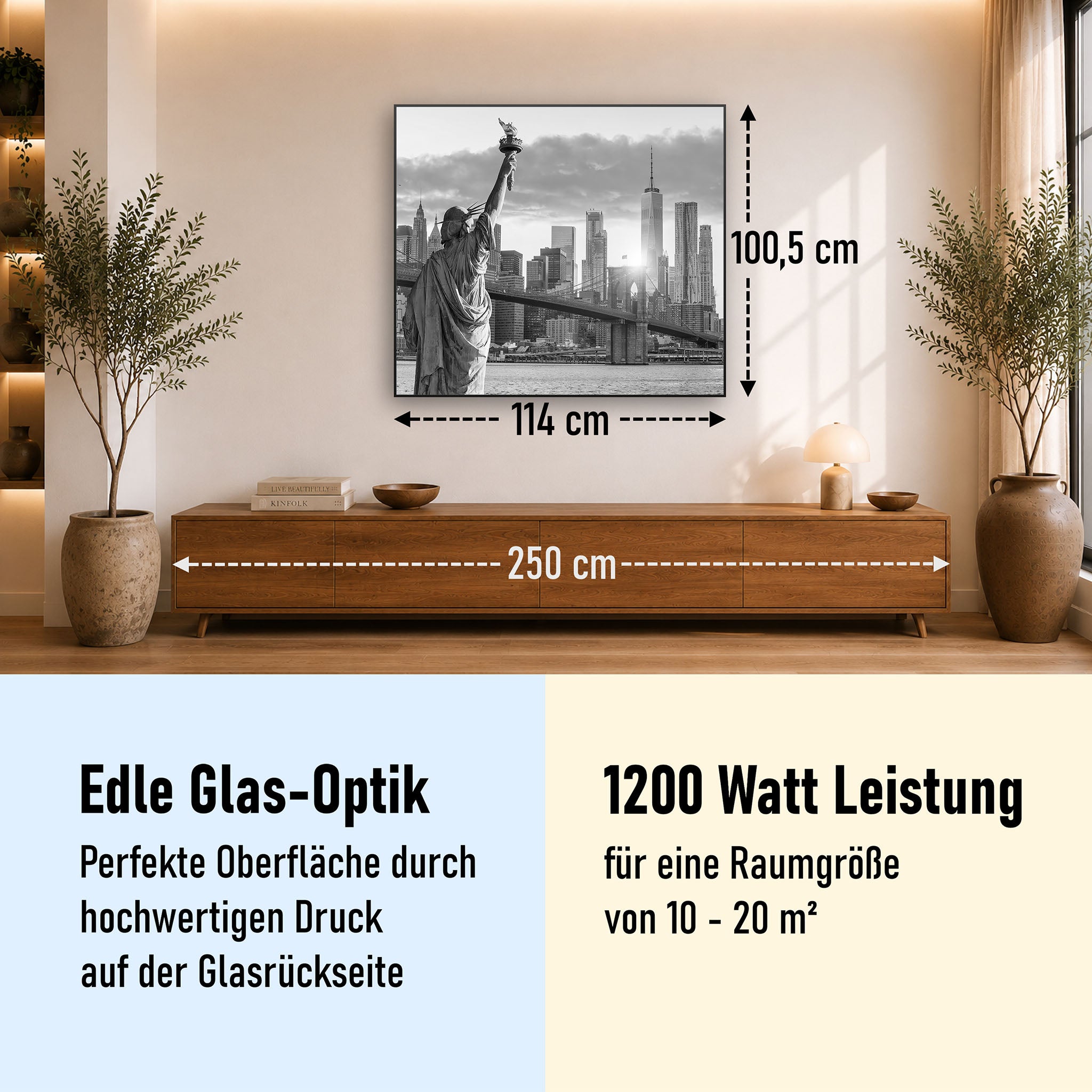 Glas Infrarotheizung 350-1200W Motiv 014 New York Freiheitsstatue