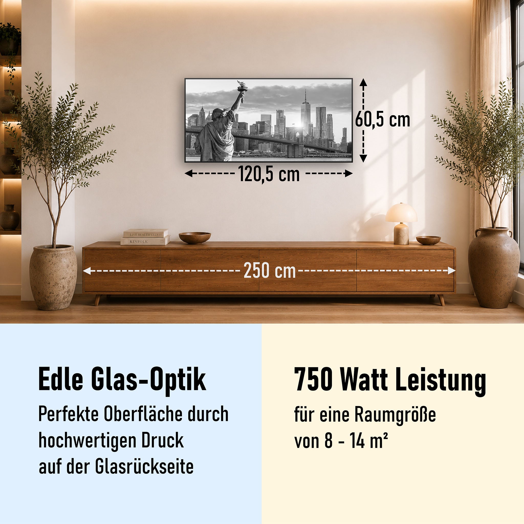 Glas Infrarotheizung 350-1200W Motiv 014 New York Freiheitsstatue