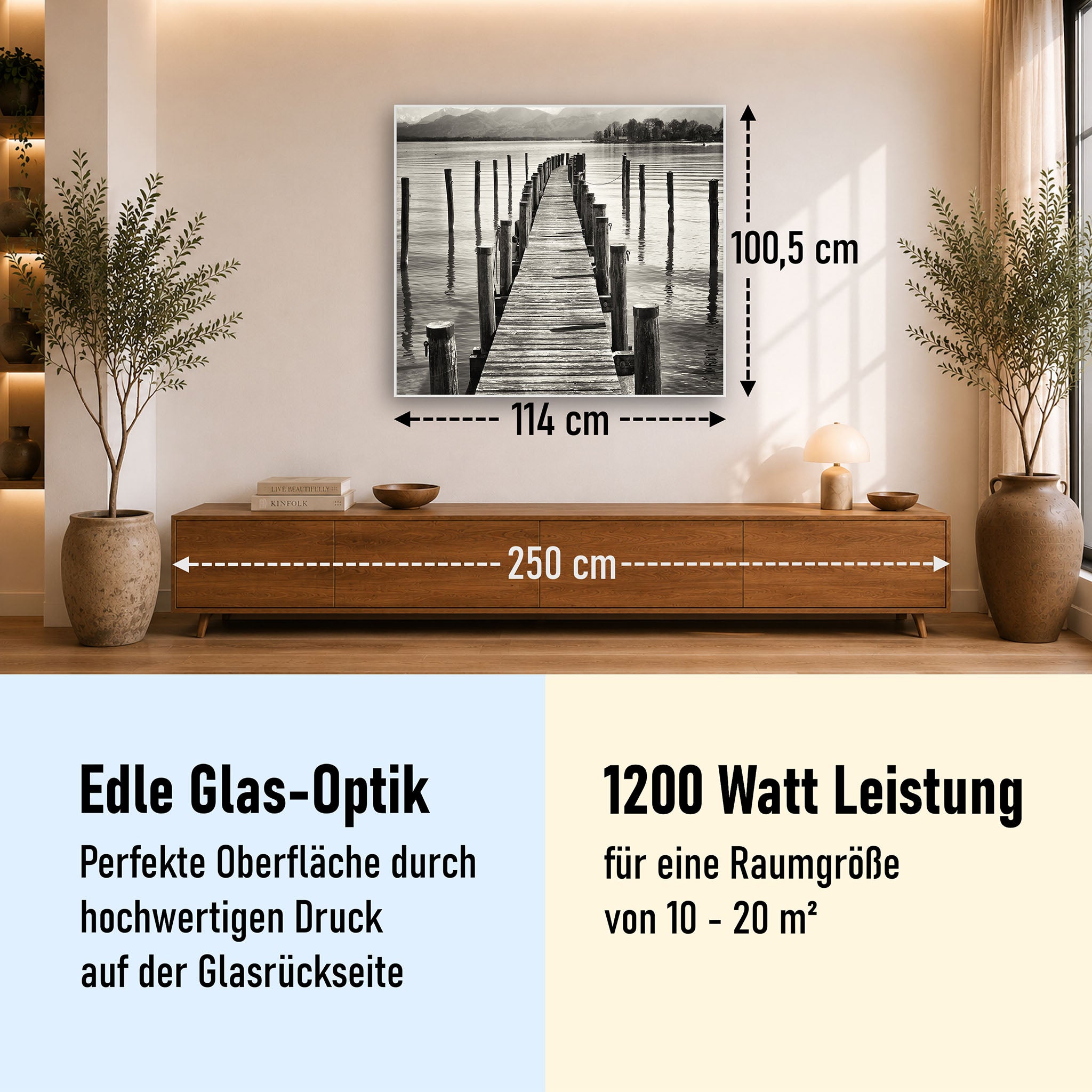 Glas Infrarotheizung 350-1200W Motiv 017 Steg Schwarz Weiß