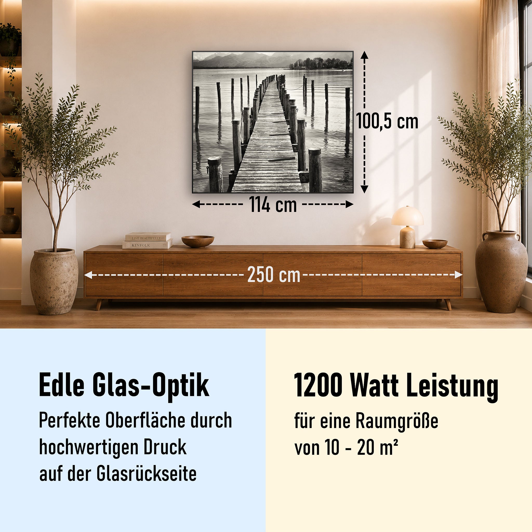 Glas Infrarotheizung 350-1200W Motiv 017 Steg Schwarz Weiß