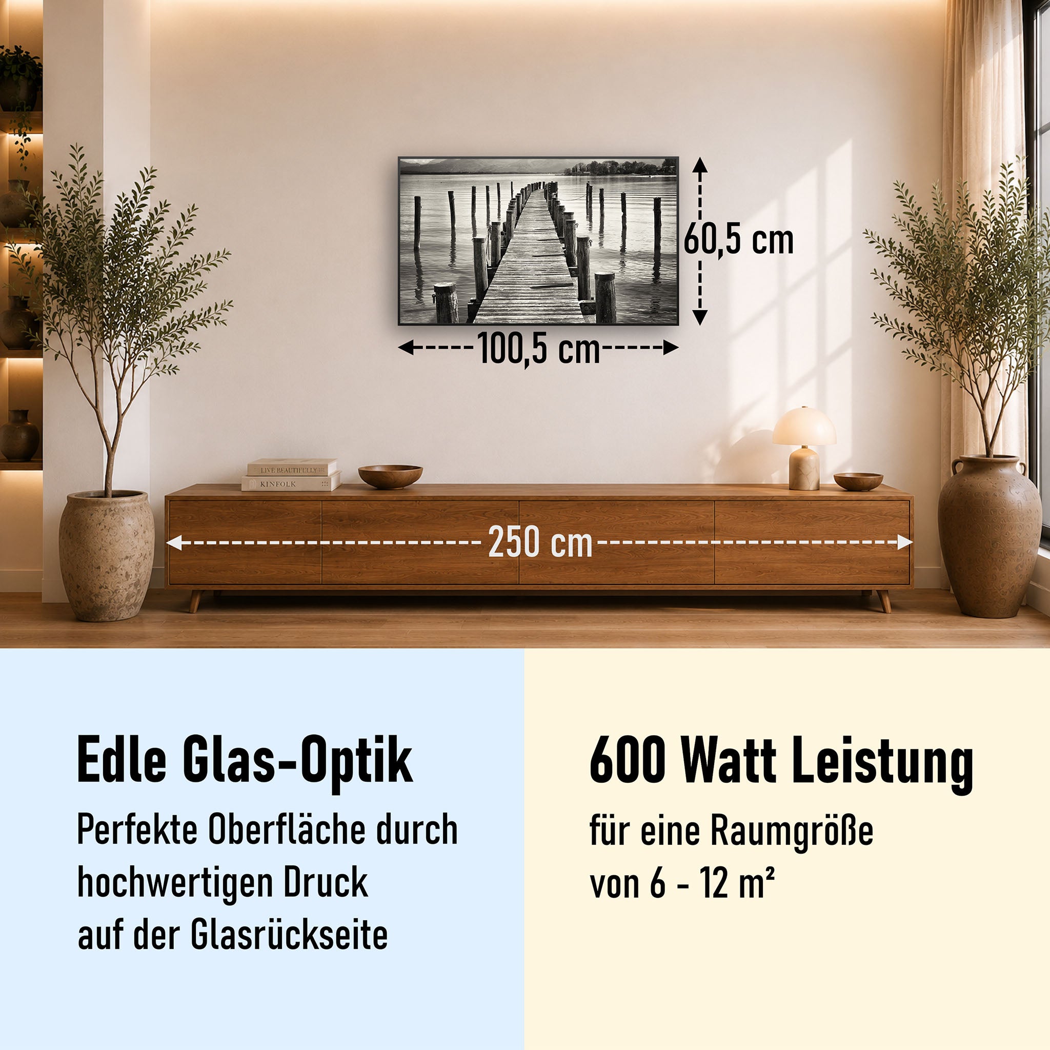Glas Infrarotheizung 350-1200W Motiv 017 Steg Schwarz Weiß