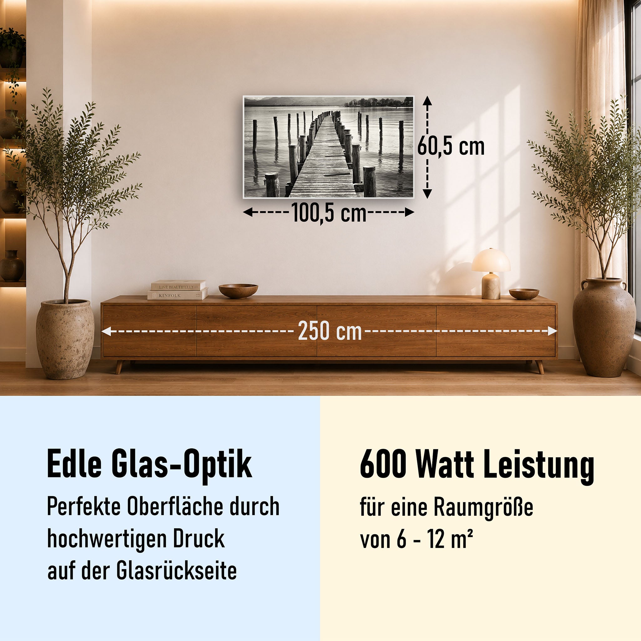 Glas Infrarotheizung 350-1200W Motiv 017 Steg Schwarz Weiß