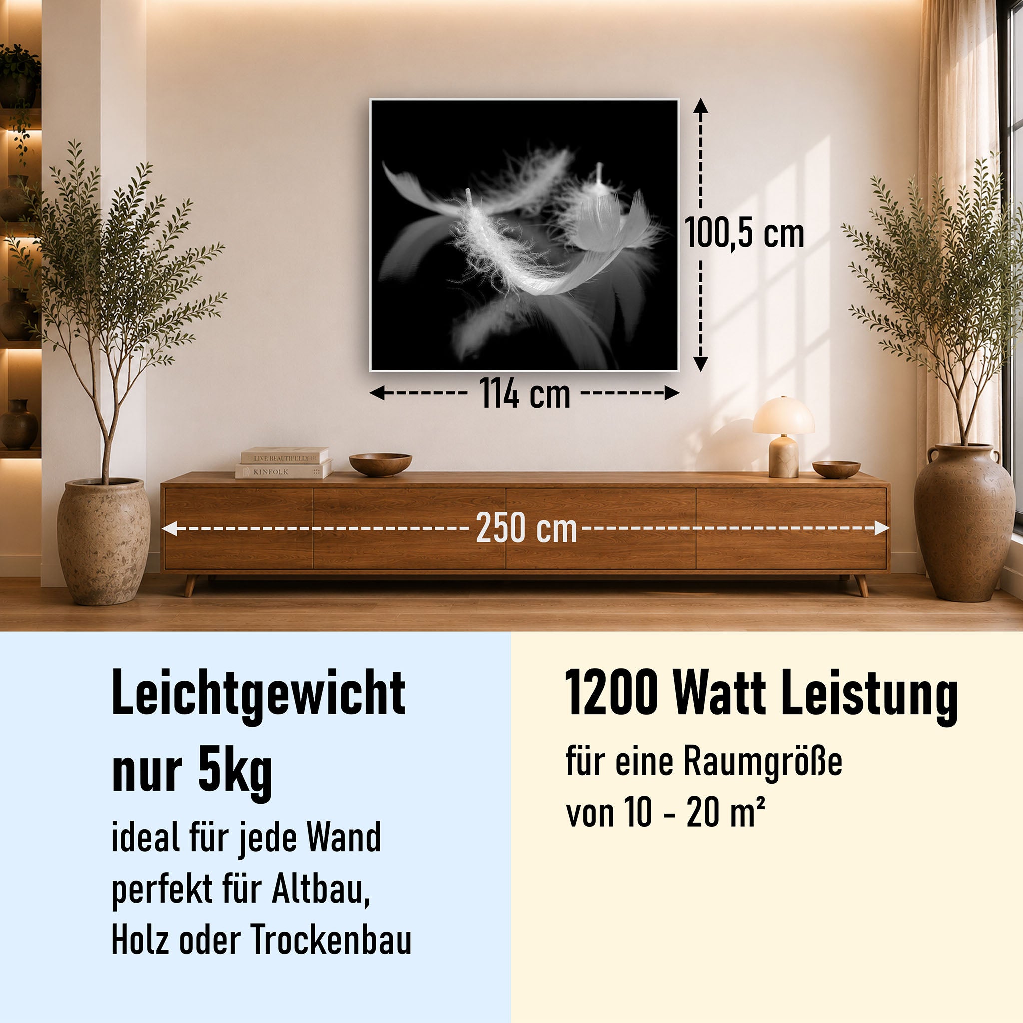 Bild Infrarotheizung 350-1200W Motiv 018 Federn Schwarz Weiß