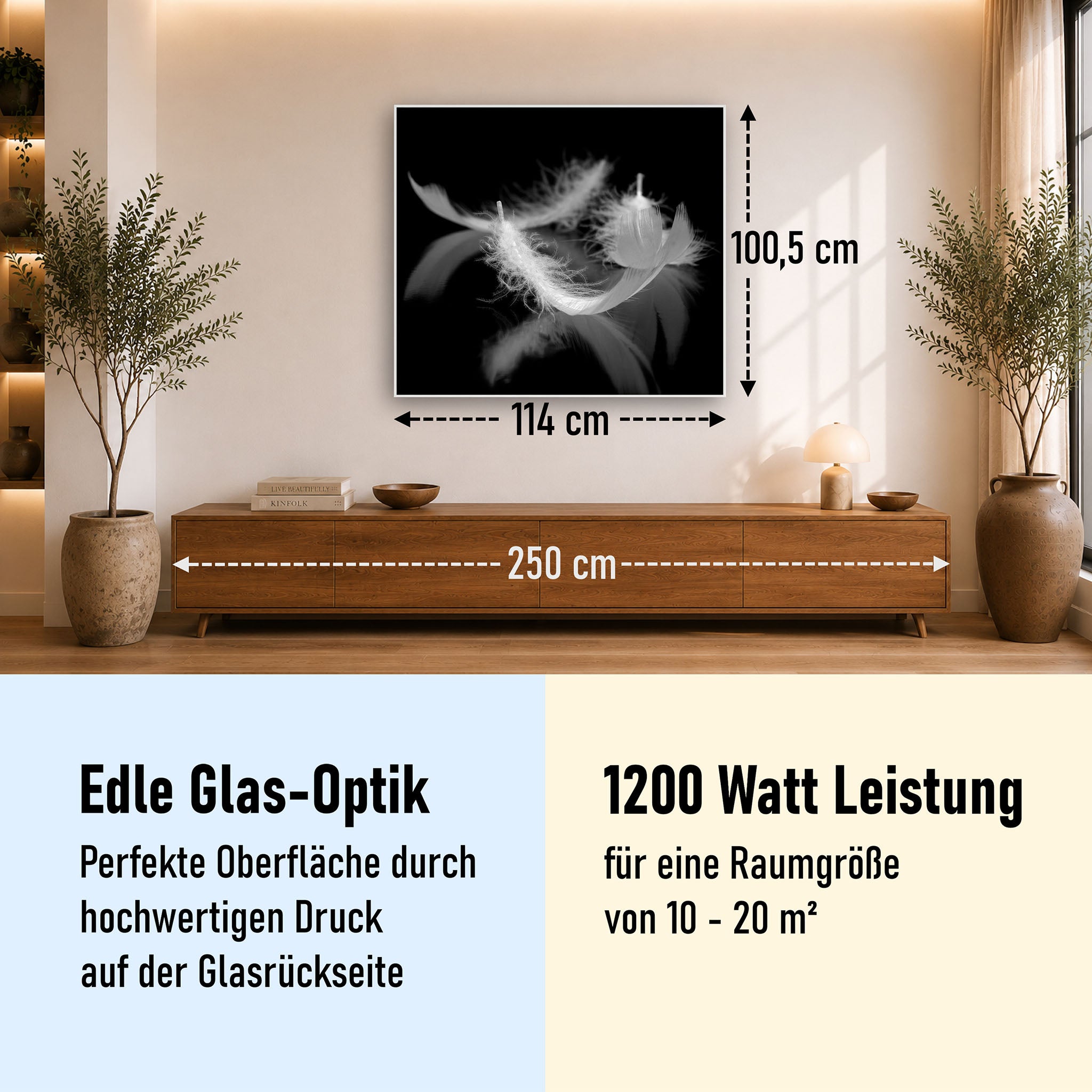 Glas Infrarotheizung 350-1200W Motiv 018 Federn Schwarz Weiß
