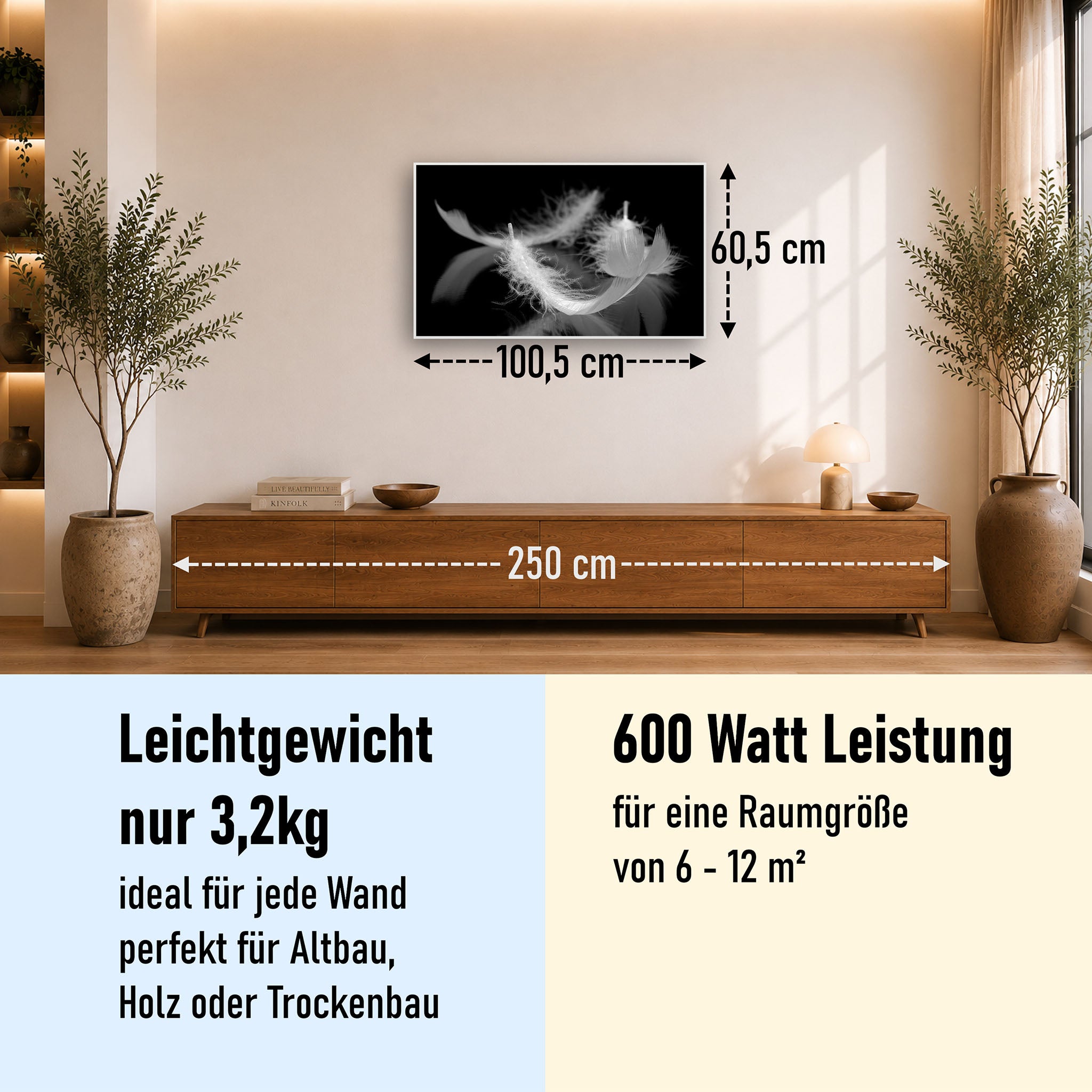 Bild Infrarotheizung 350-1200W Motiv 018 Federn Schwarz Weiß