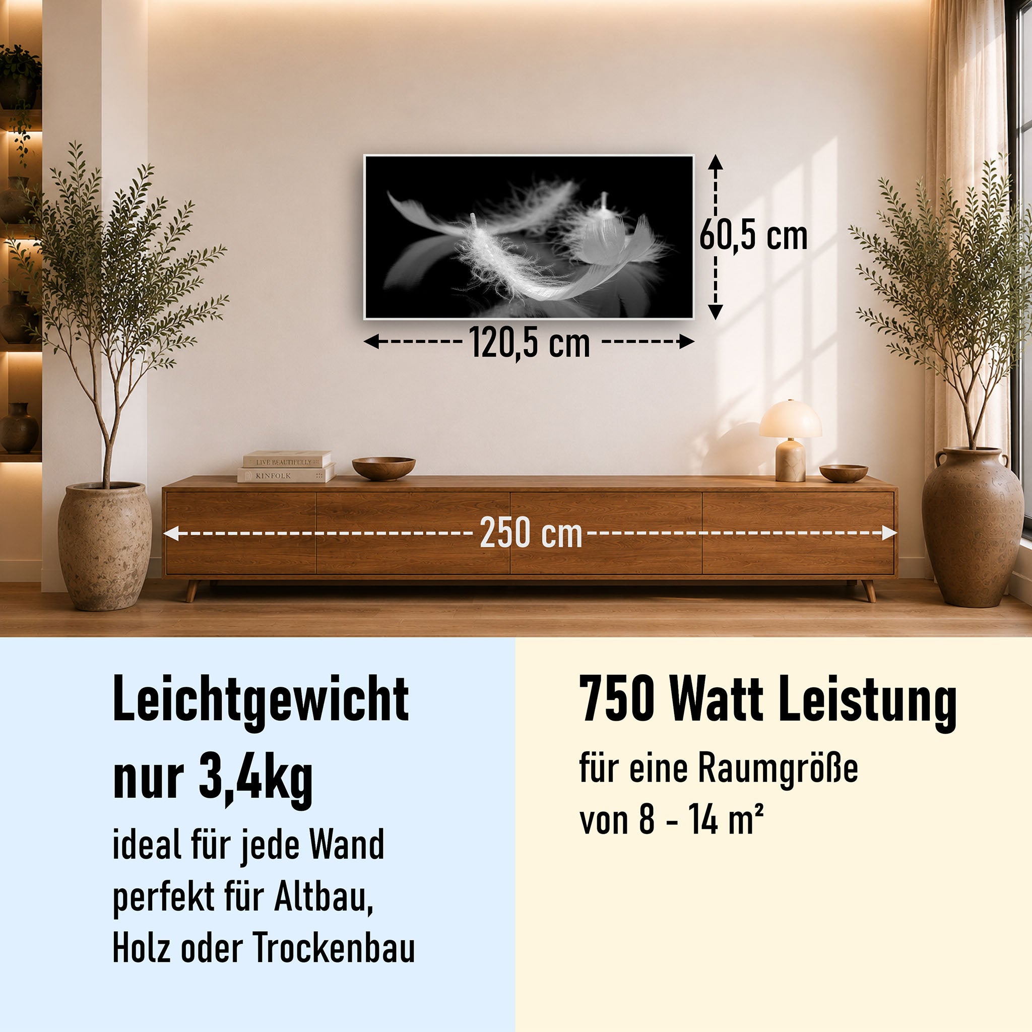 Bild Infrarotheizung 350-1200W Motiv 018 Federn Schwarz Weiß