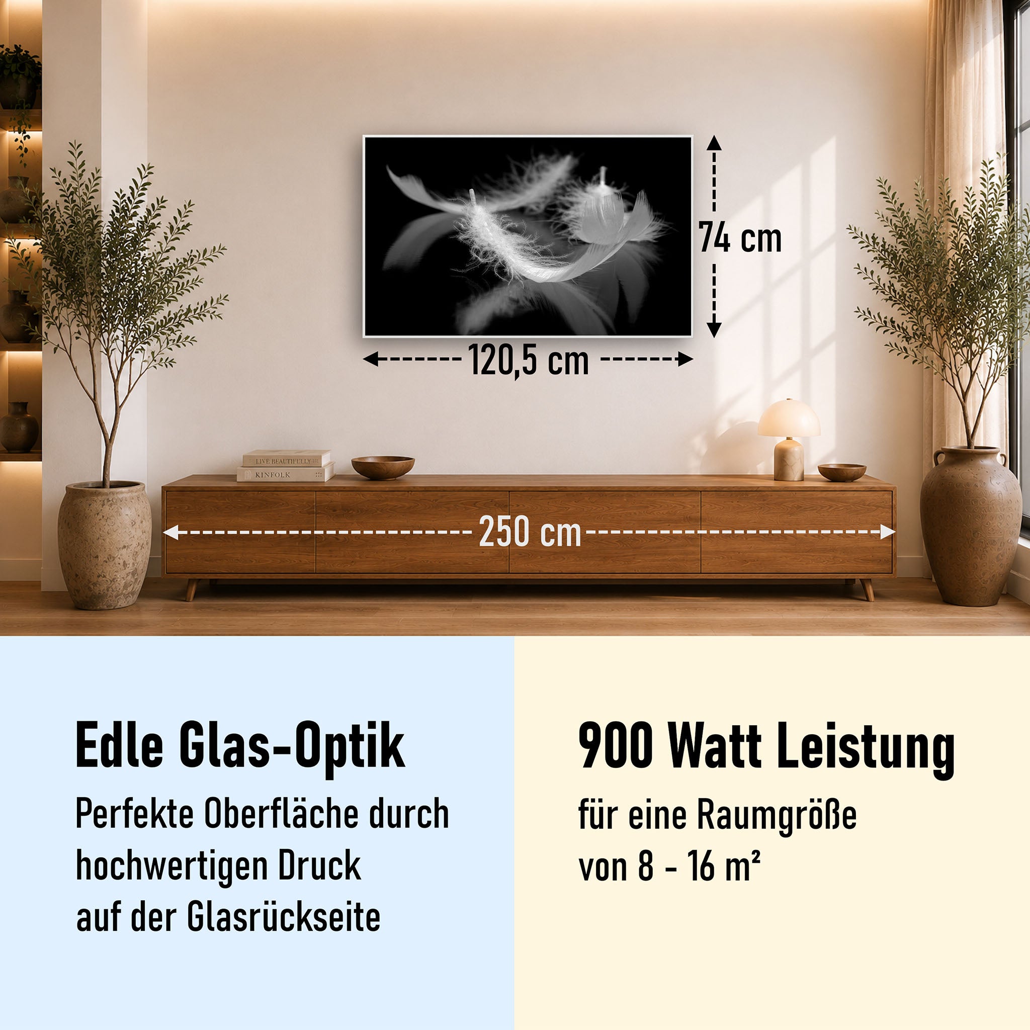 Glas Infrarotheizung 350-1200W Motiv 018 Federn Schwarz Weiß