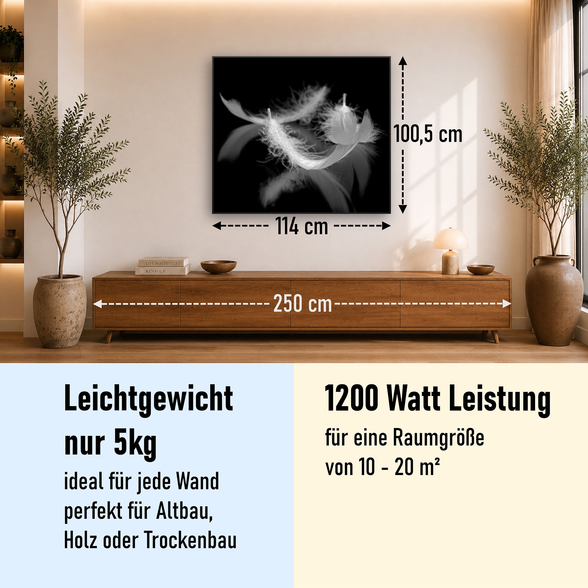 Bild Infrarotheizung 350-1200W Motiv 018 Federn Schwarz Weiß