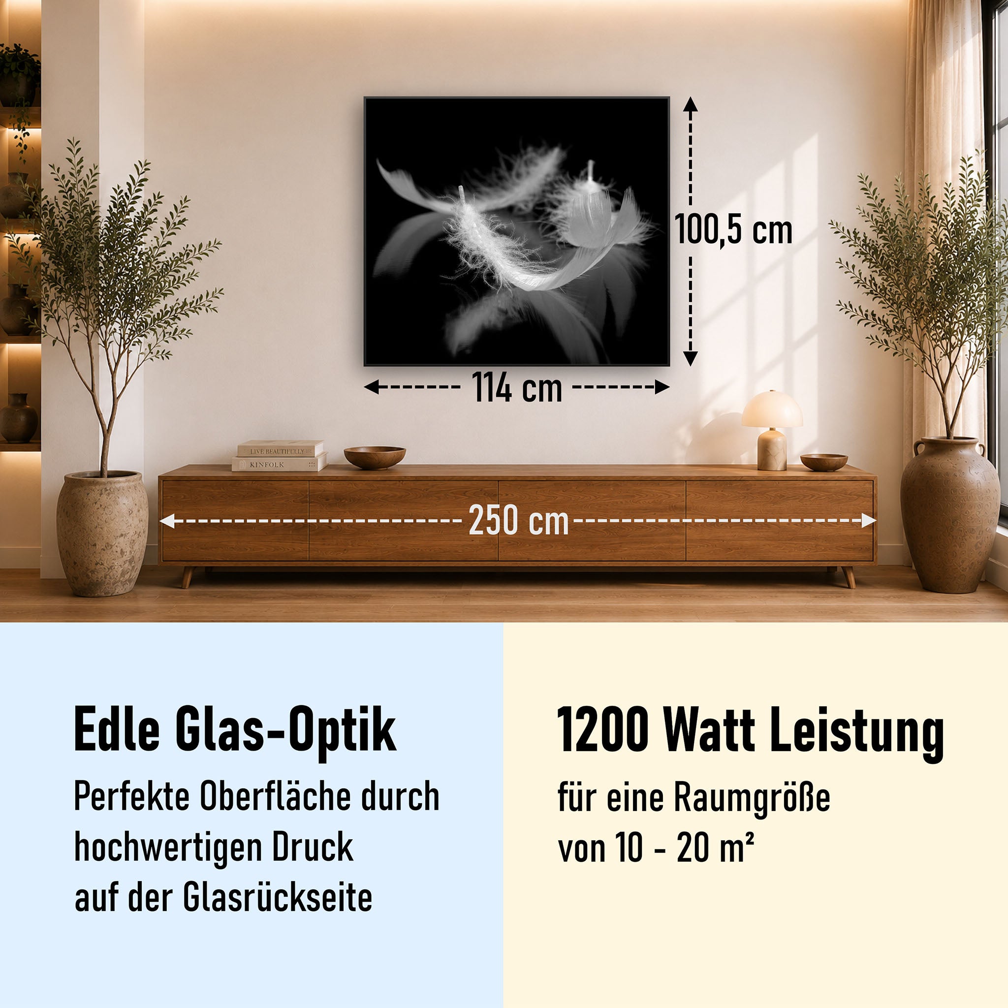Glas Infrarotheizung 350-1200W Motiv 018 Federn Schwarz Weiß
