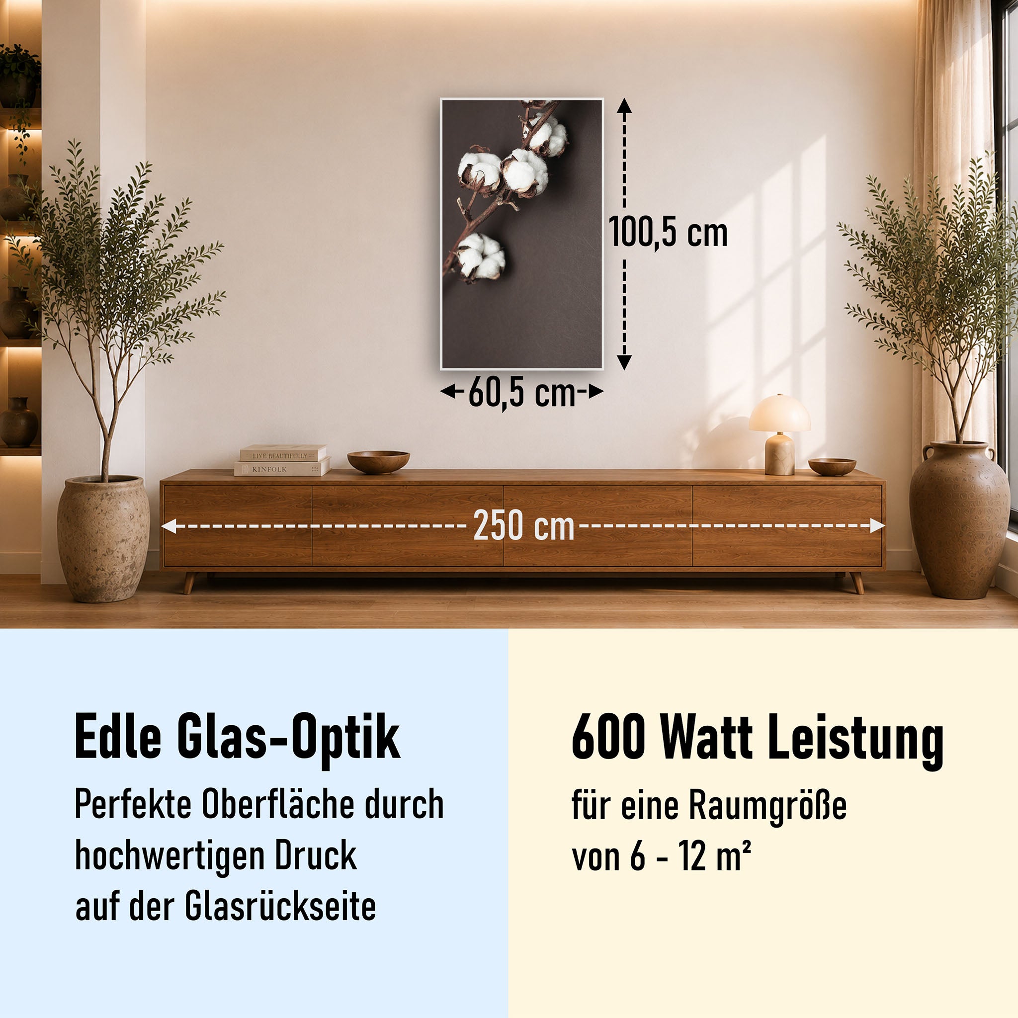 Glas Infrarotheizung 350-1200W Motiv 020H Baumwollpflanze