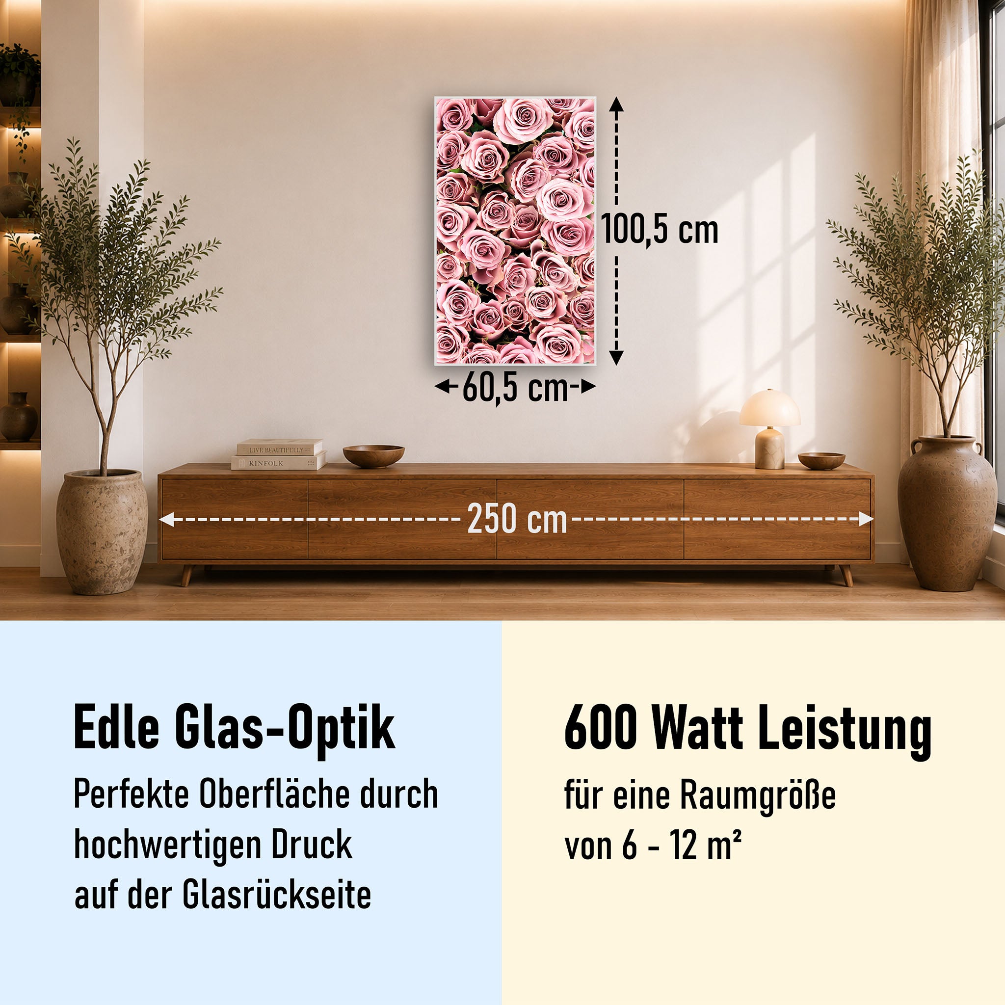 Glas Infrarotheizung 350-1200W Motiv 021H Rosenstrauß
