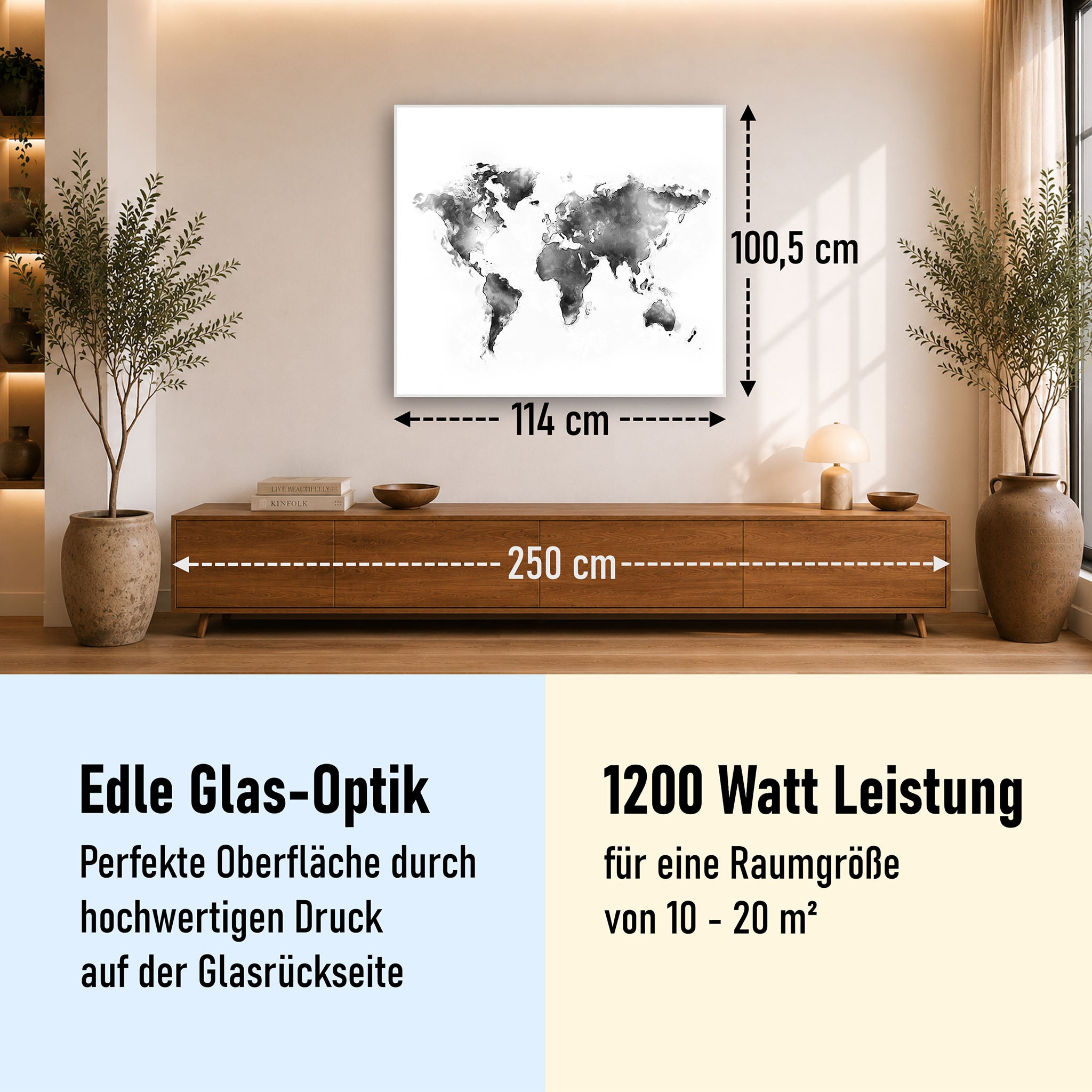 Glas Infrarotheizung 350-1200W Motiv 026 Weltkarte Weiß