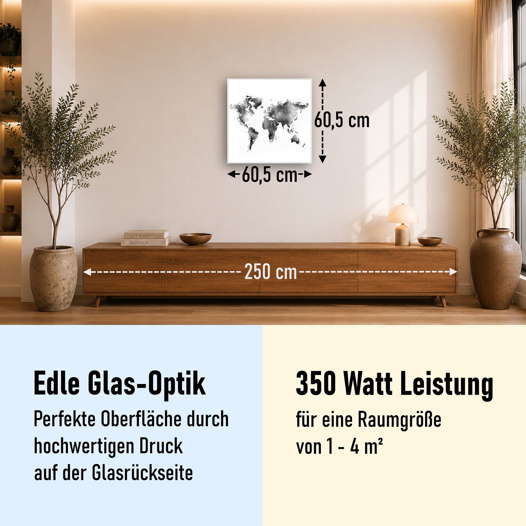 Glas Infrarotheizung 350-1200W Motiv 026 Weltkarte Weiß