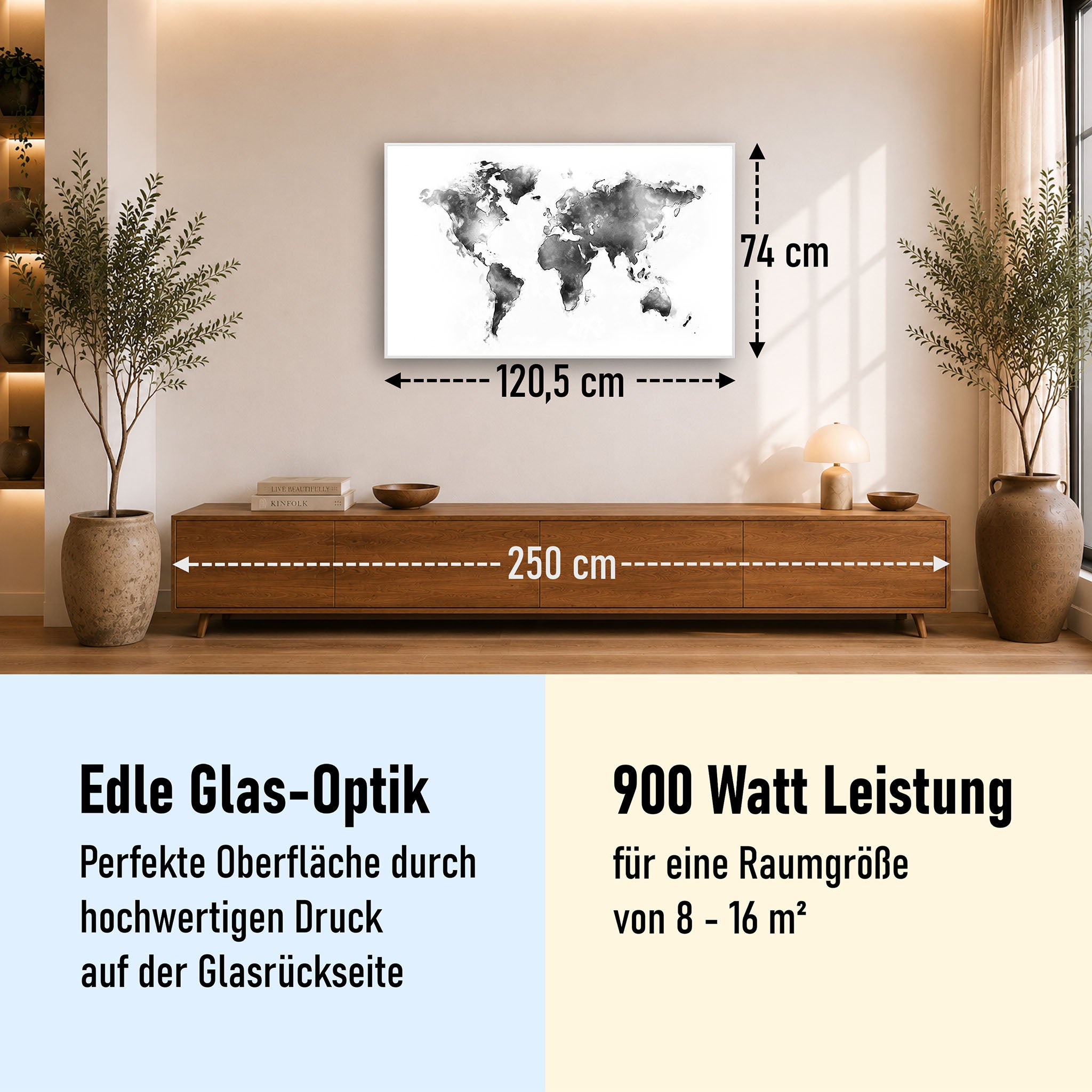 Glas Infrarotheizung 350-1200W Motiv 026 Weltkarte Weiß