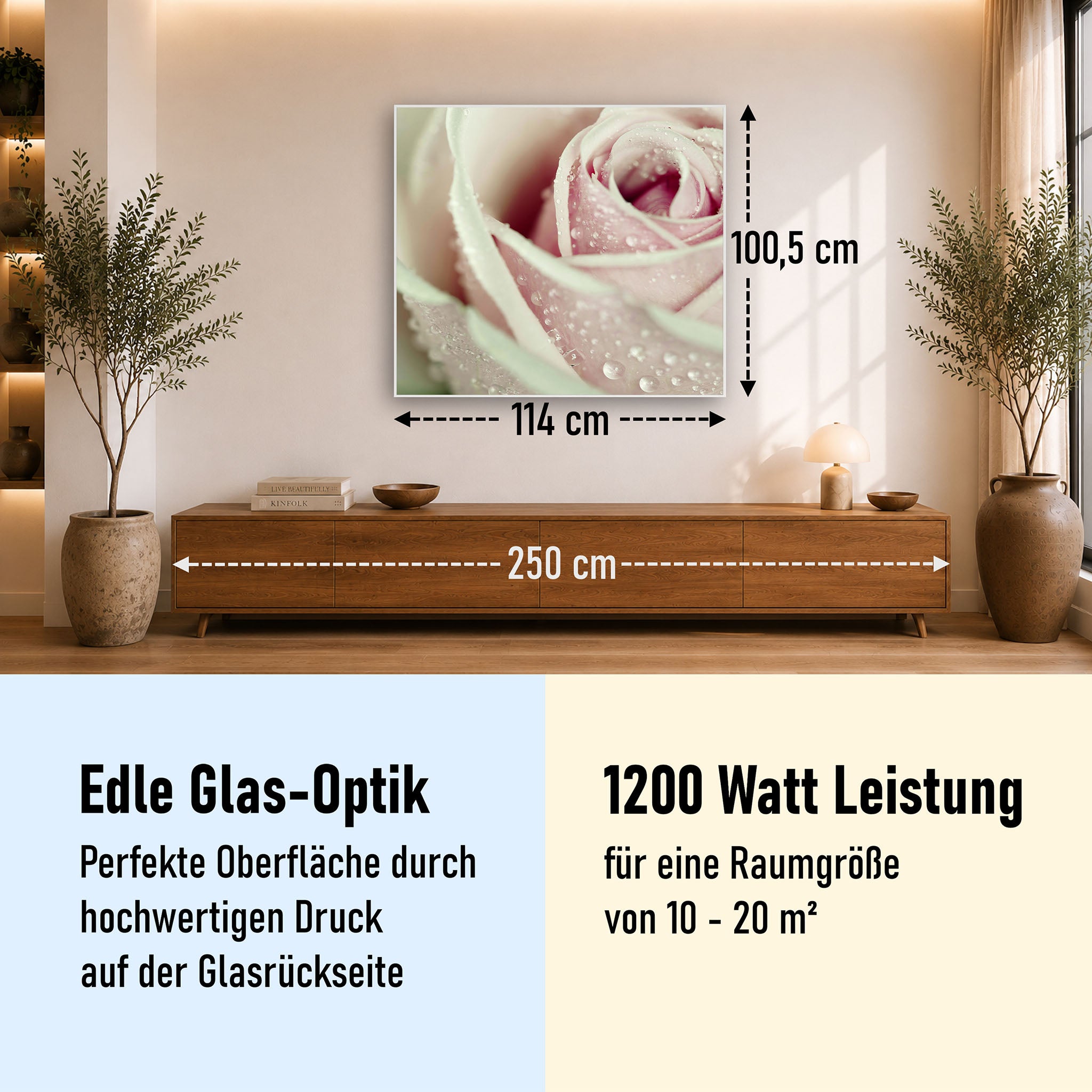 Glas Infrarotheizung 350-1200W Motiv 031 rosa Rose