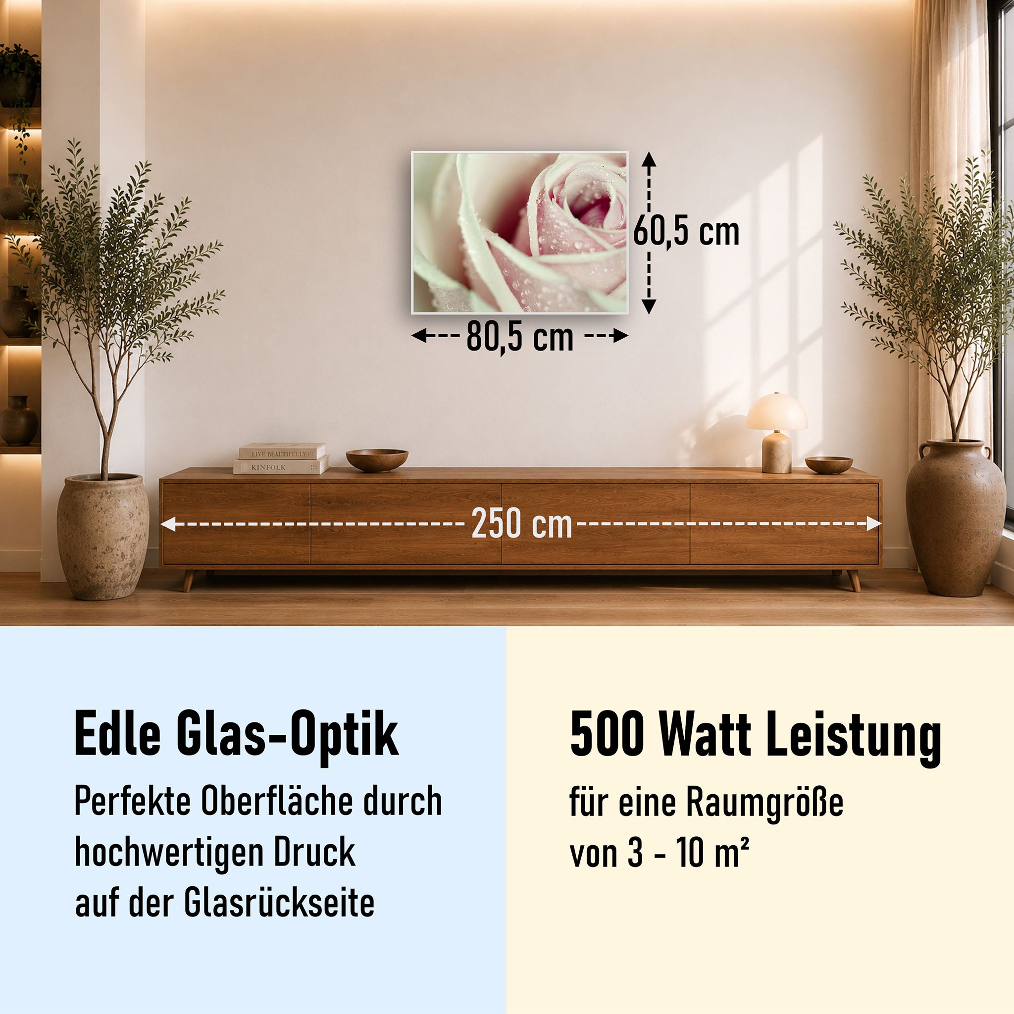Glas Infrarotheizung 350-1200W Motiv 031 rosa Rose