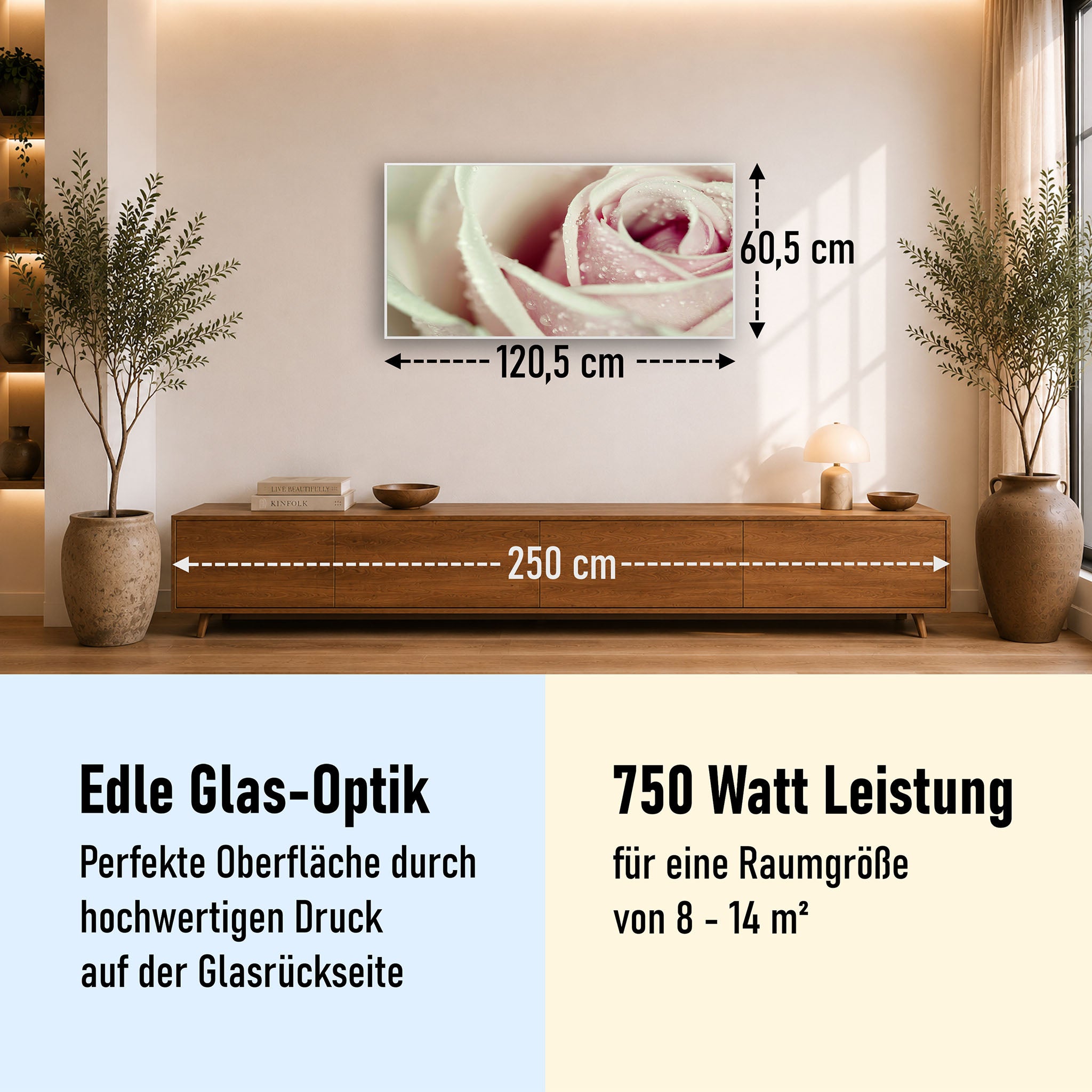 Glas Infrarotheizung 350-1200W Motiv 031 rosa Rose
