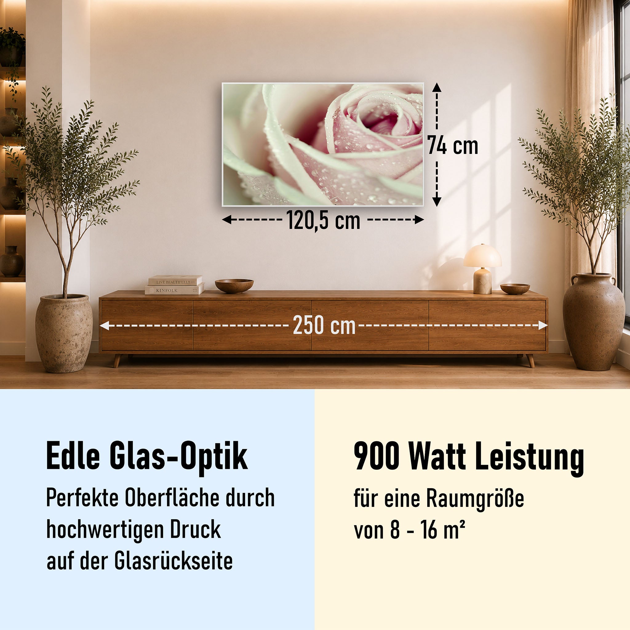 Glas Infrarotheizung 350-1200W Motiv 031 rosa Rose
